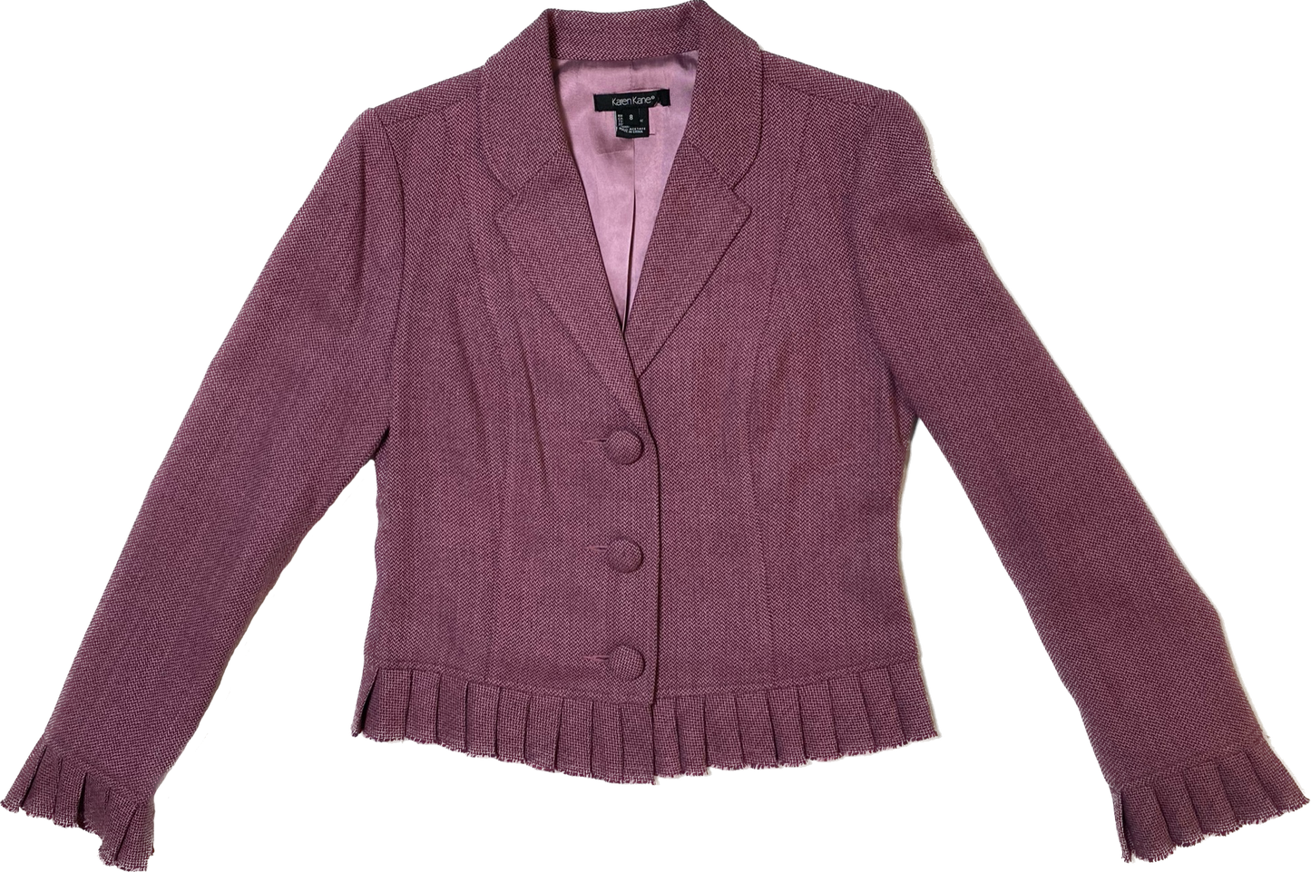 Karen Kane Blazer with Ruffle Hem and CuffsPlum colored lined blazer with covered buttons, ruffle hem and cuffs.
Wear this with jeans and chunky heels for a great looking outfit!