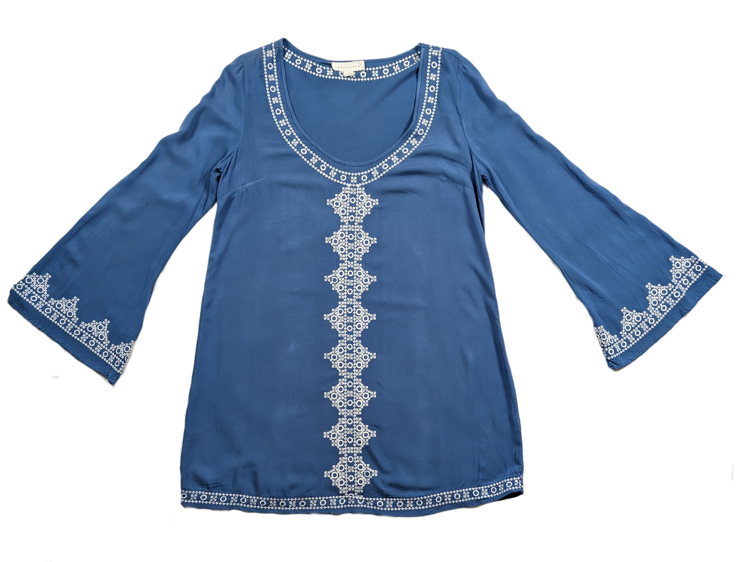 Lovestitch Blue Embroidered Mini Dress  The bell sleeves add style and flair.DressesLovestitch Blue Embroidered Mini DressLovestitch Blue Embroidered Mini Dress