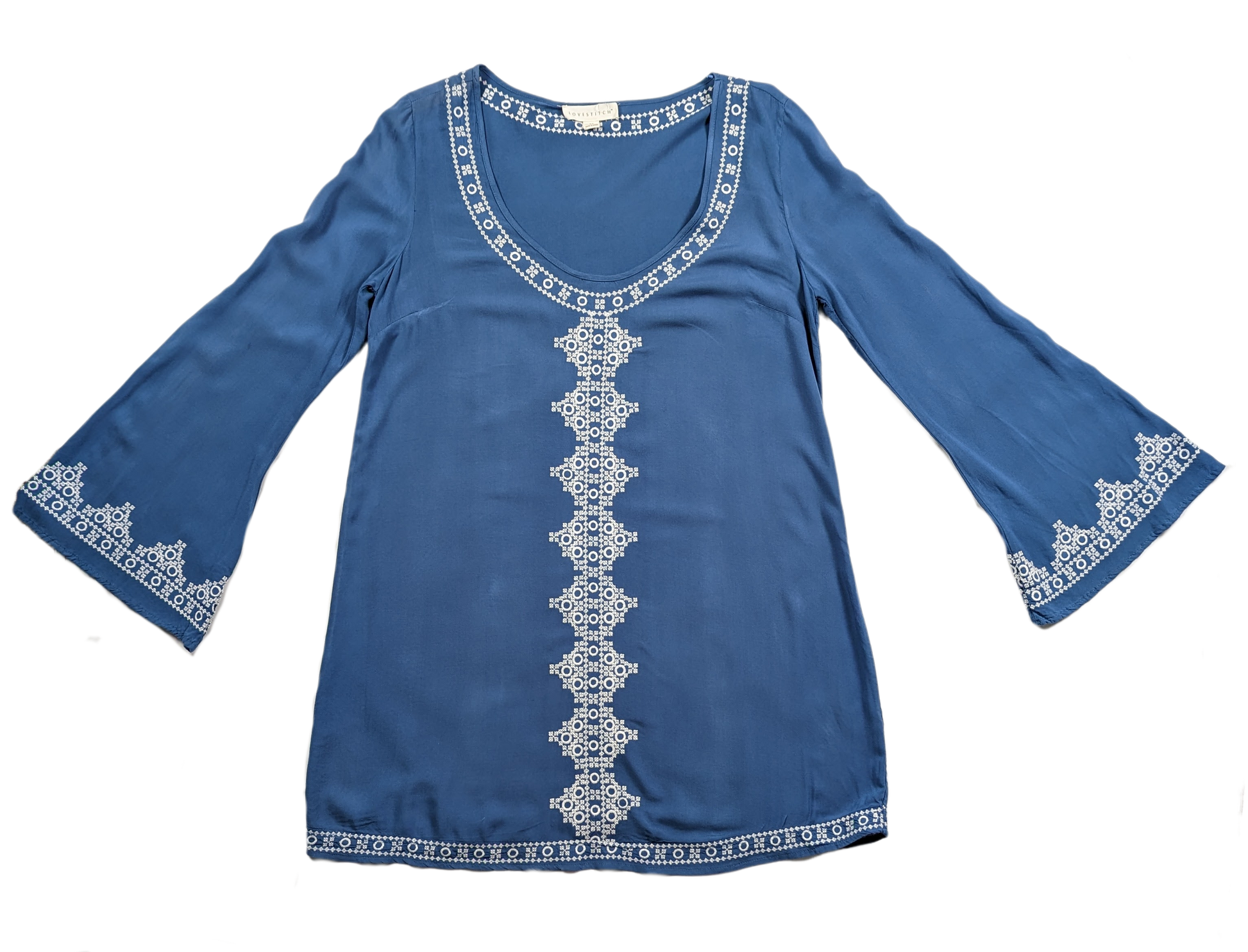 Lovestitch Blue Embroidered Mini Dress  The bell sleeves add style and flair.DressesLovestitch Blue Embroidered Mini DressLovestitch Blue Embroidered Mini Dress