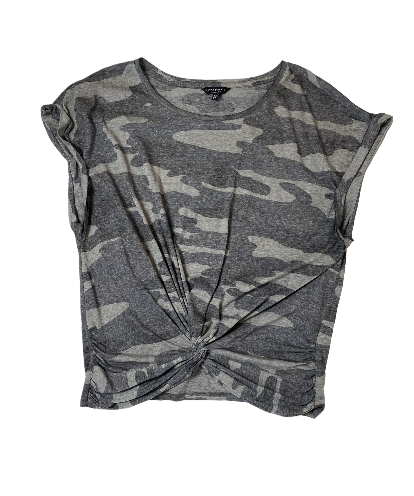 Lucky Brand Cap Sleeve Camo T-Shirt Size Large Get lucky with this camo printed t-shirt from Lucky Brand! Featuring a twist front and cap sleeves, this shirt adds a Lucky Brand Cap Sleeve Camo T-ShirtElevate your causal look with this on trend knot front camo t-shirt with rolled cap sleeves.