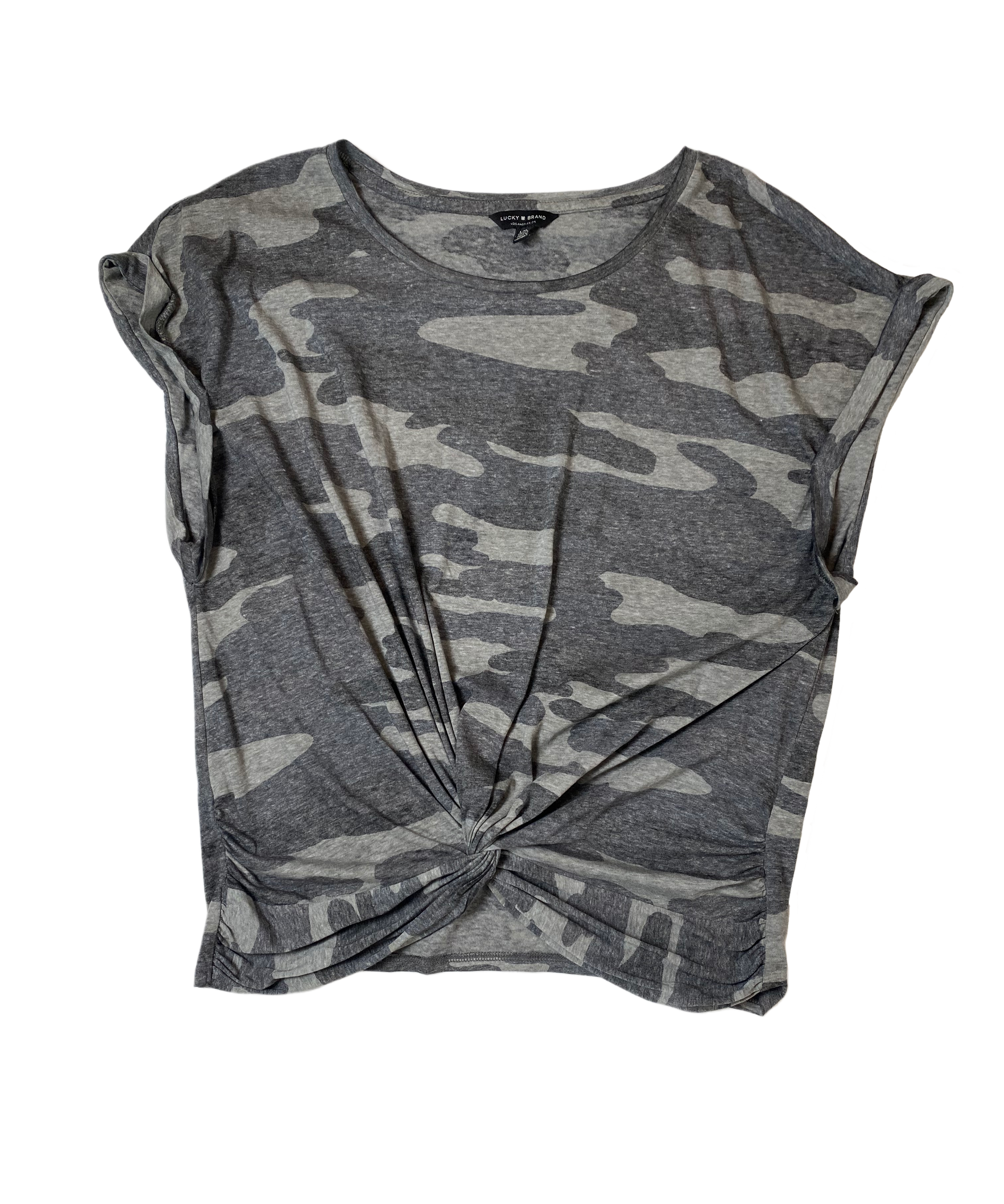 Lucky Brand Cap Sleeve Camo T-Shirt Size Large Get lucky with this camo printed t-shirt from Lucky Brand! Featuring a twist front and cap sleeves, this shirt adds a Lucky Brand Cap Sleeve Camo T-ShirtElevate your causal look with this on trend knot front camo t-shirt with rolled cap sleeves.