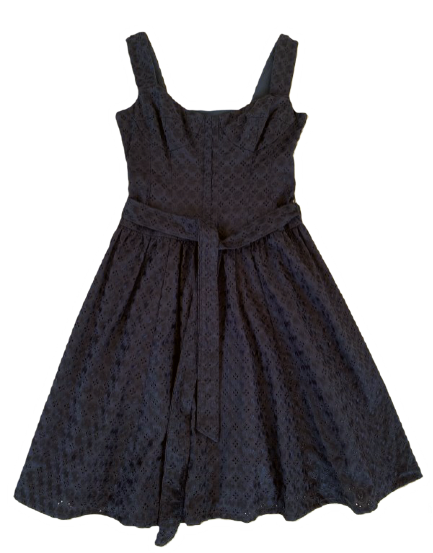 Nanette Lapore Black Eyelet Dress with corset top and tie belt at wais