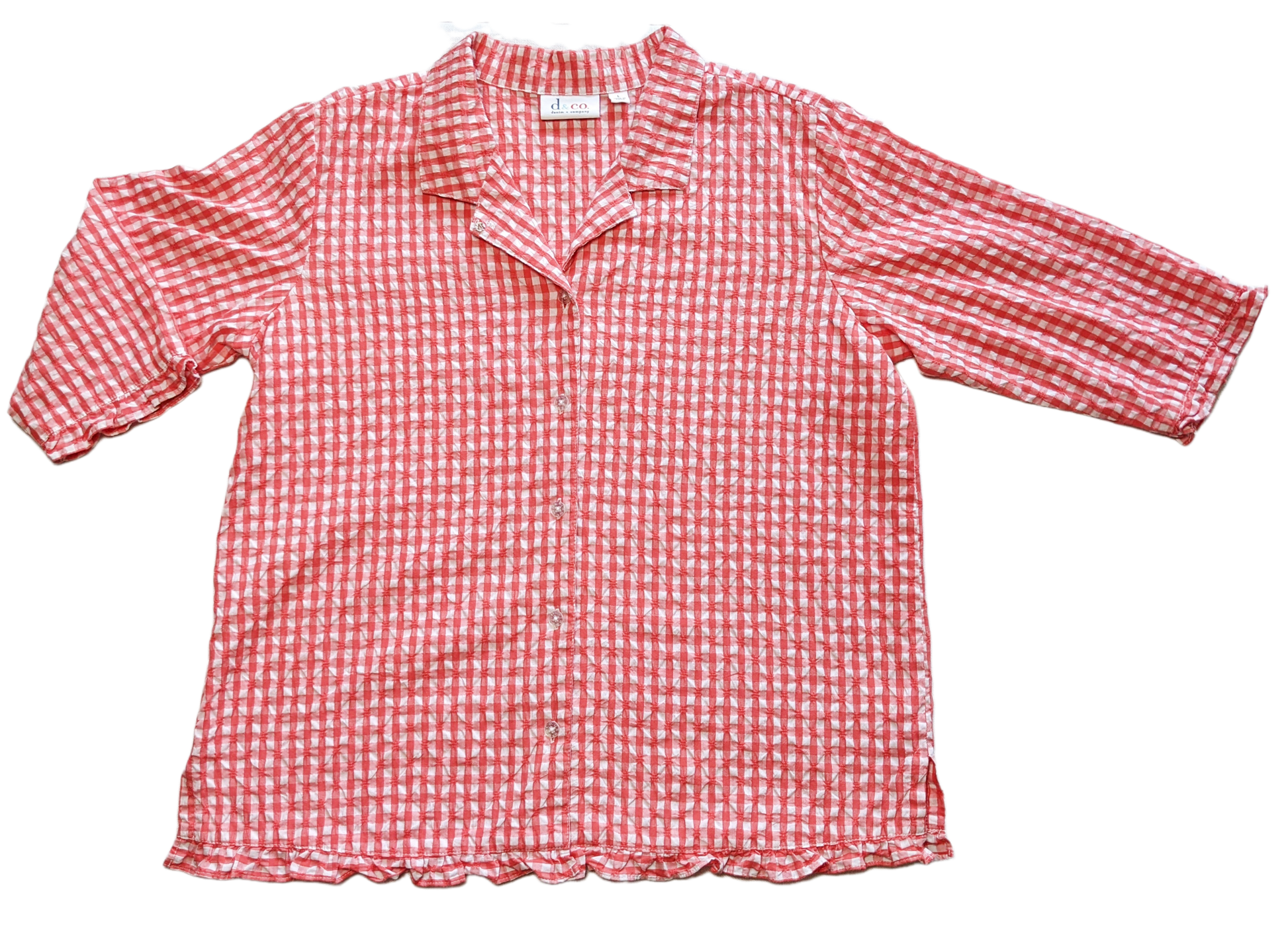 d & Co Orange Gingham Blouse with Ruffled Hem and CuffsSuch a cute and flirty blouse, with ruffle details at the hem and cuffs. And the orange gingham is perfect for a day out!