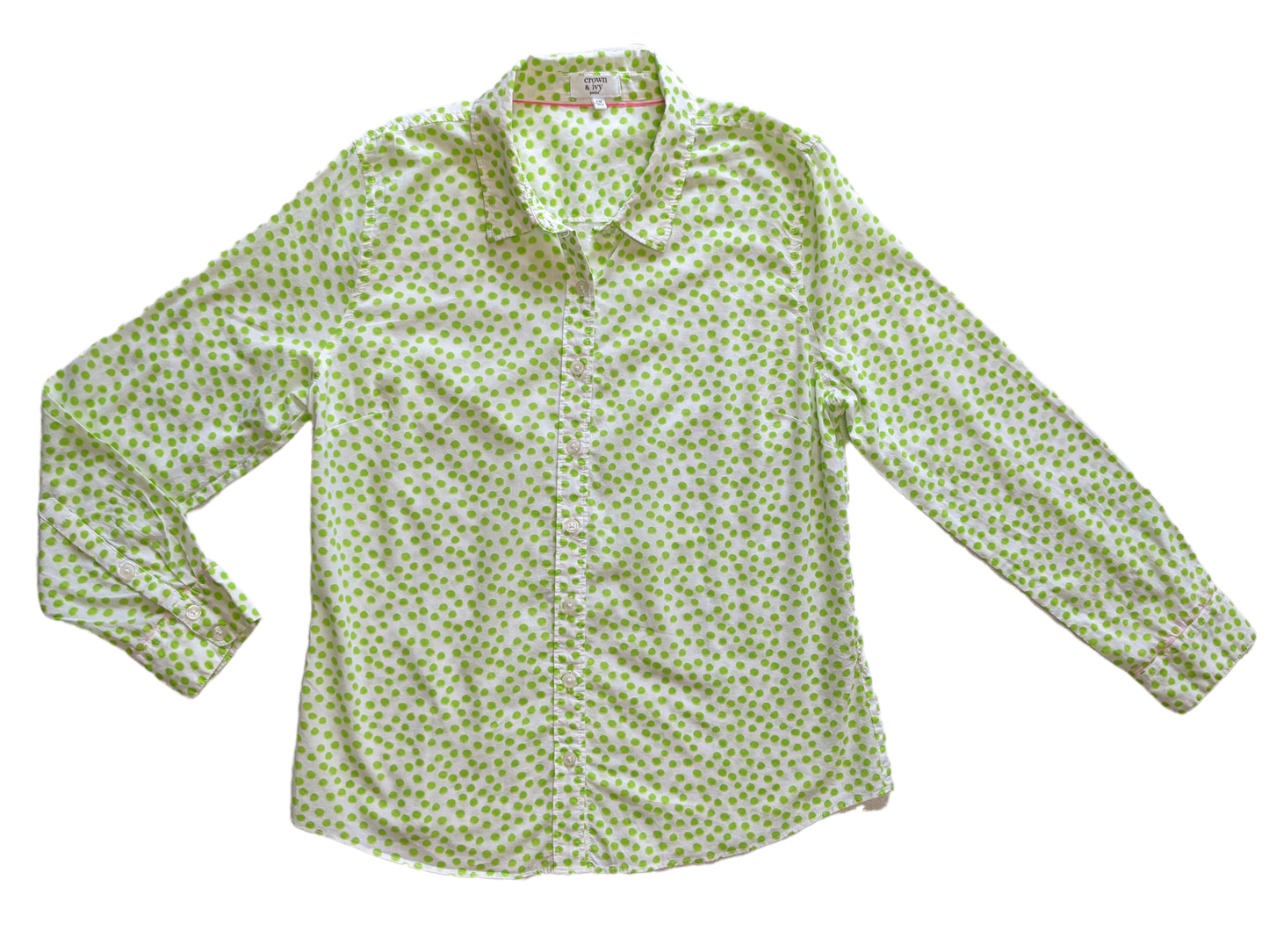 Crown & Ivy White Blouse with Green Polka DotsLight-weight and breezy, this is such a cute blouse.  It even has a touch of pink trim at the neck and cuffs, just because!