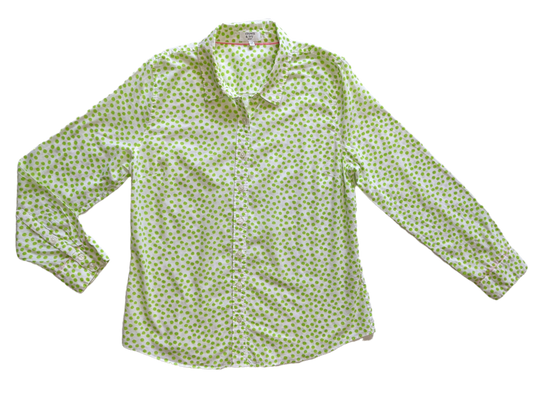 Crown & Ivy White Blouse with Green Polka DotsLight-weight and breezy, this is such a cute blouse.  It even has a touch of pink trim at the neck and cuffs, just because!