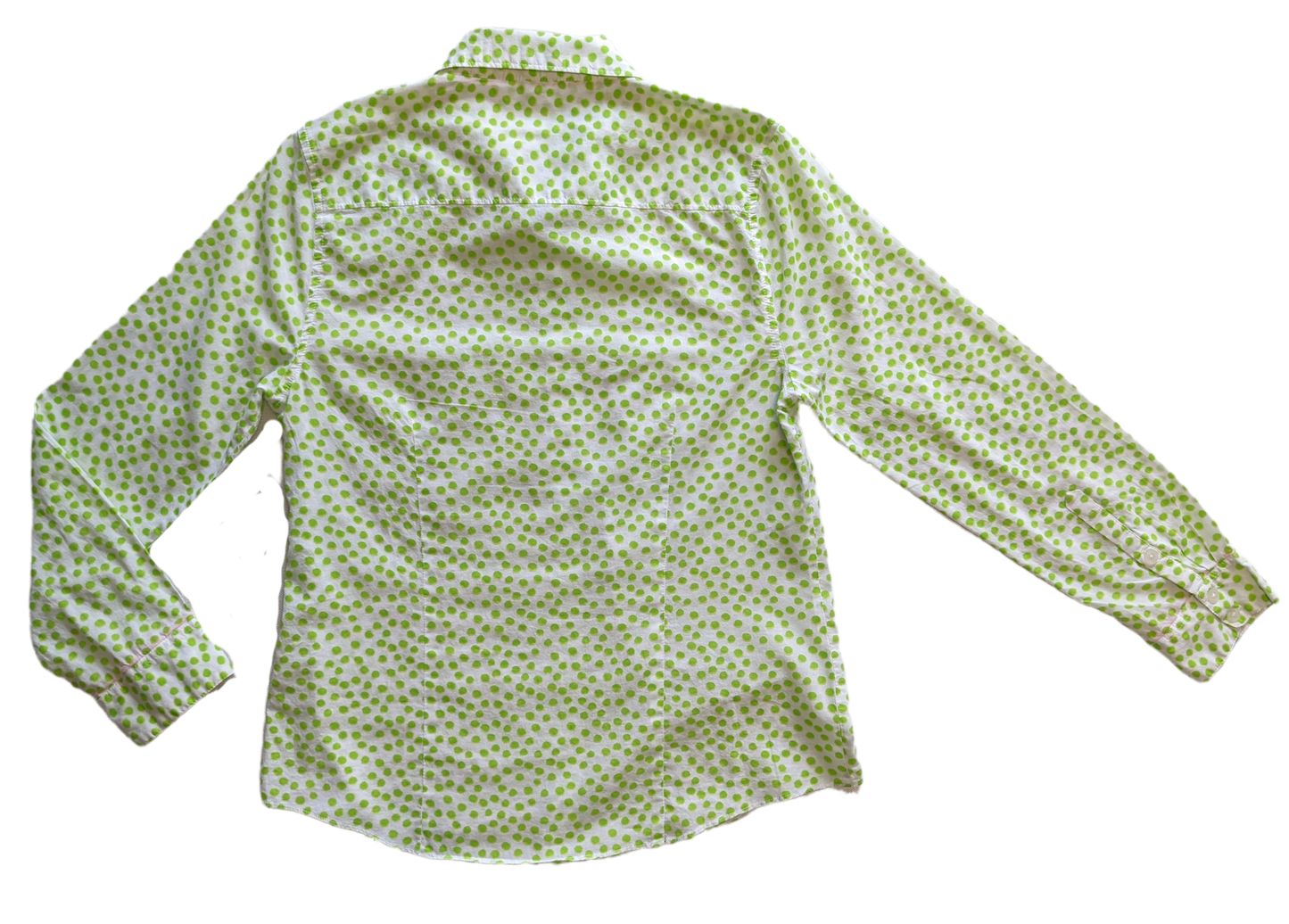 Crown & Ivy White Blouse with Green Polka DotsLight-weight and breezy, this is such a cute blouse.  It even has a touch of pink trim at the neck and cuffs, just because!