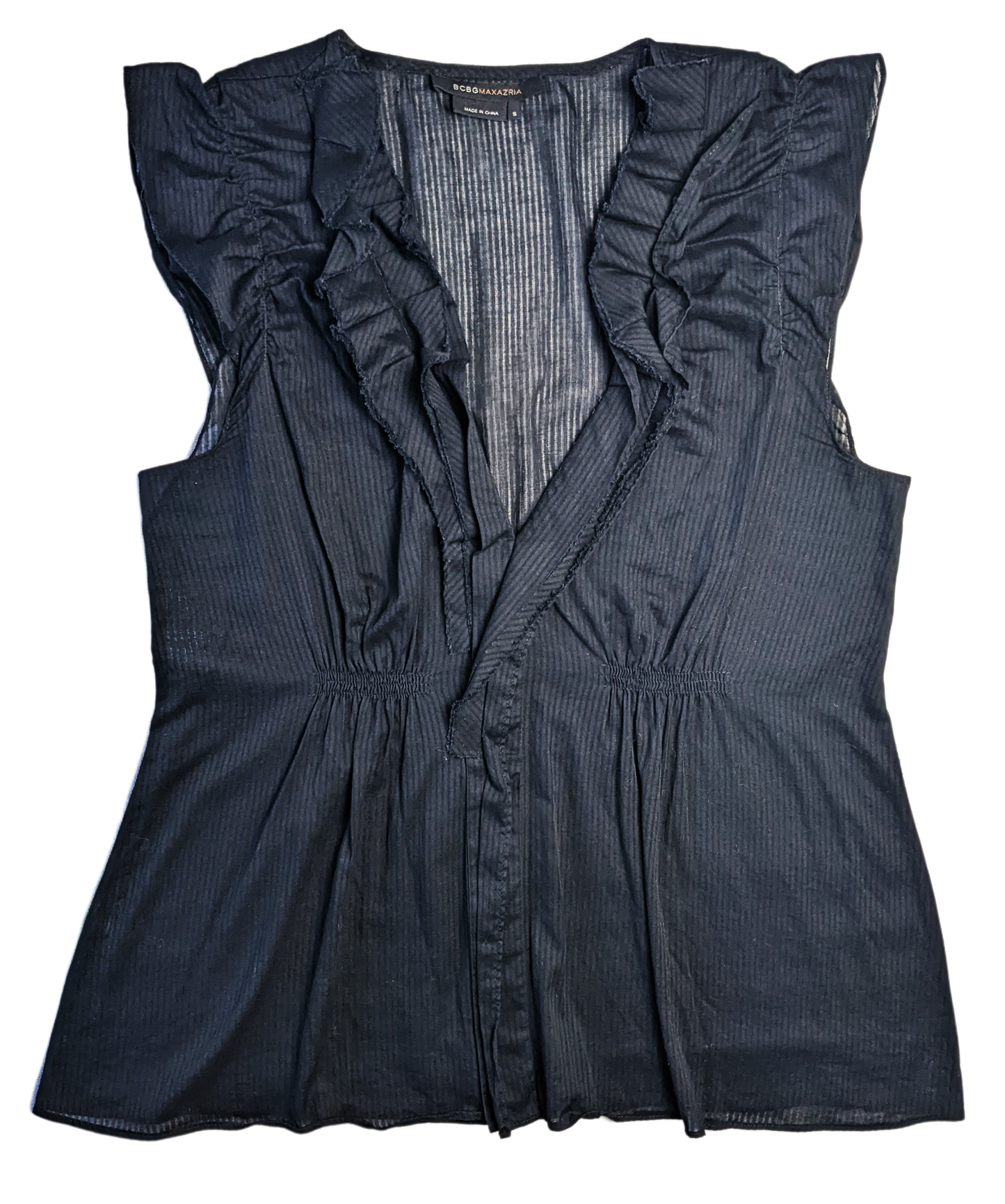 BCBG Maxazria Sleeveless Ruffled Sheer Top Gorgeous sheer top to dress us your wardrobe.  Perfect for date night or a night out with the girls!