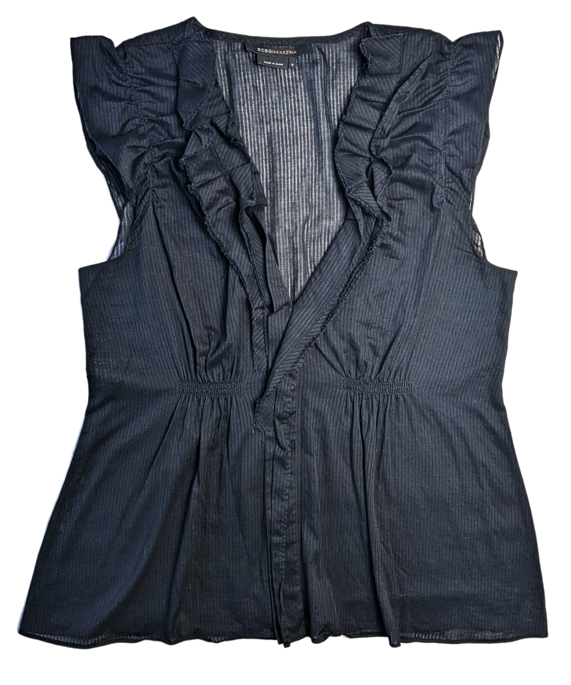 BCBG Maxazria Sleeveless Ruffled Sheer Top Gorgeous sheer top to dress us your wardrobe.  Perfect for date night or a night out with the girls!