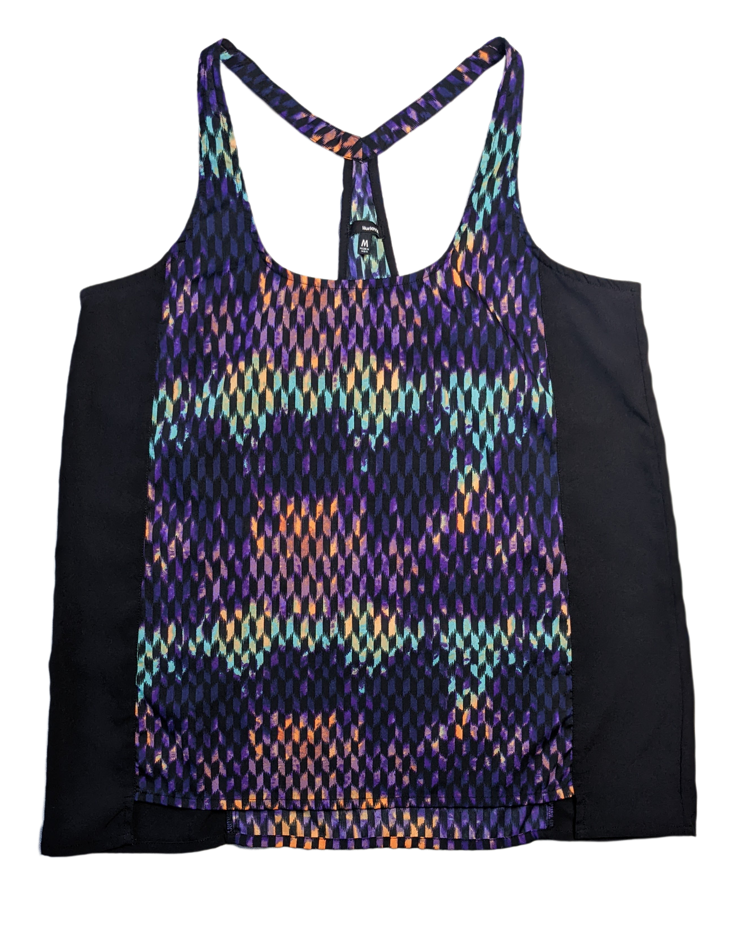 Hurley Racer Back Black Tank with Printed DetailsThis is a great tank for being on the beach, or at the gym.  The colors are great, and the styling is slimming!  You can't go wrong.