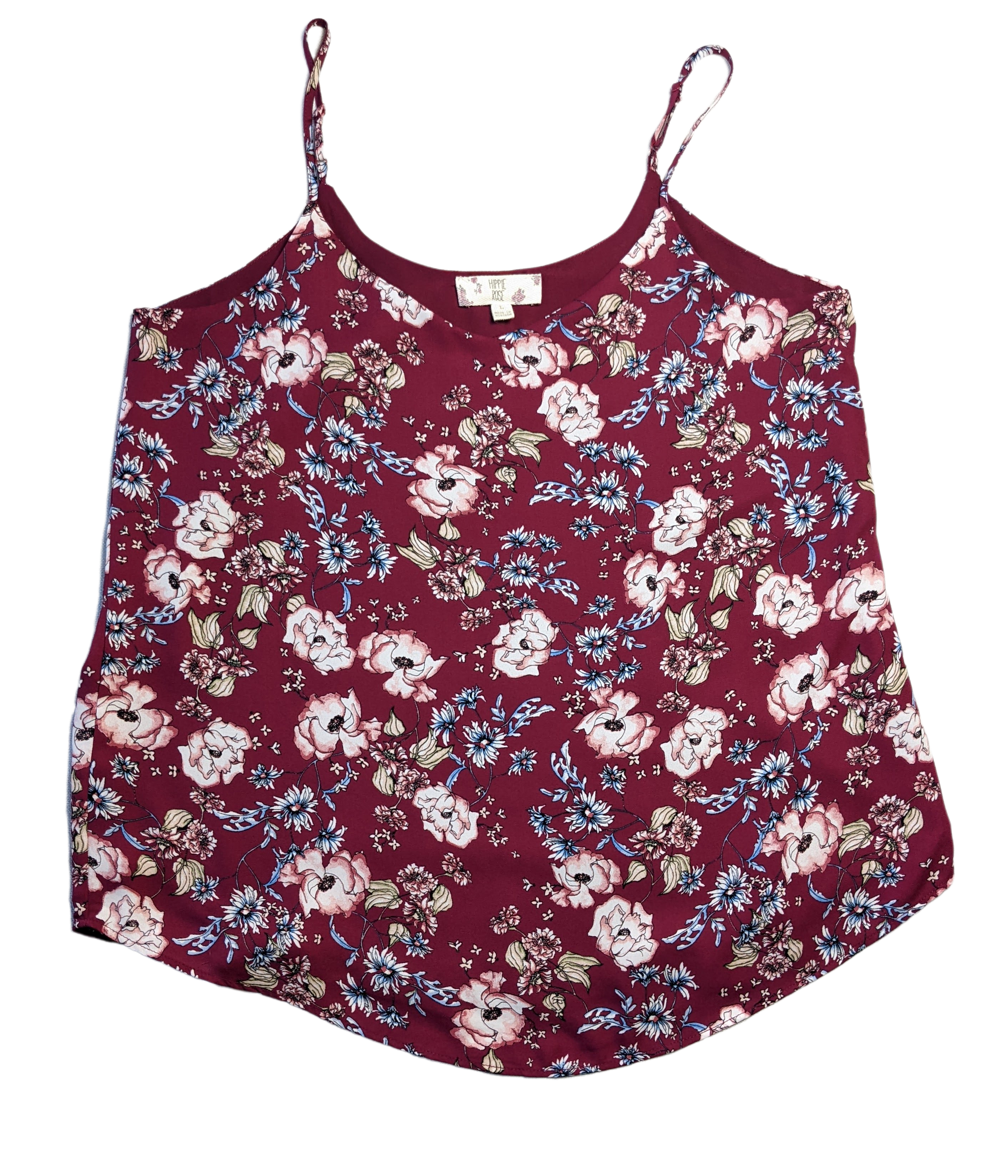 Hippie Rose Floral Printed TankThisd is a great basic that can be worn with many things.  Layer under a blazer with a pair of jeans and boots, or dress it up with a nice cardigan, slack and heels.