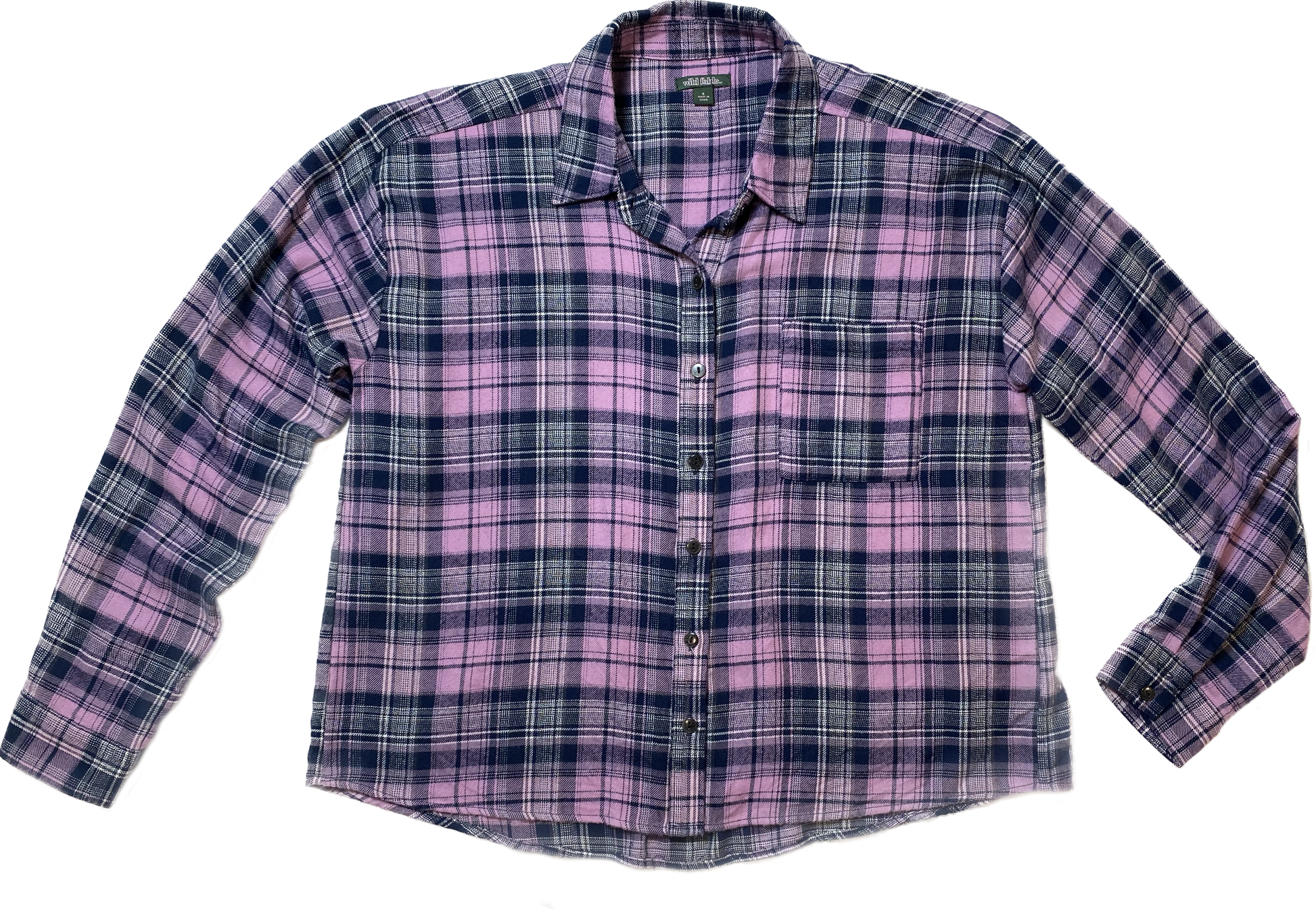 Wild Fable Lavender & Blue Long Sleeve Flannel Super soft and comfy long sleeve flannel with lavender, blue and white. 
This looks great with a lavender jacket, jeans and black boots.