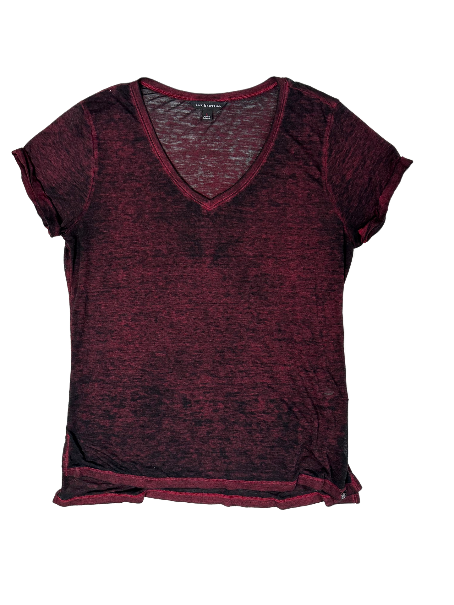Rock & Republic Red with Black Wash V-neck Tissue TeeRock & Republic's red with black wash tissue tee is a stylish addition to any wardrobe. Cut from a lightweight, sheer tissue-like fabric, this short-sleeved tee