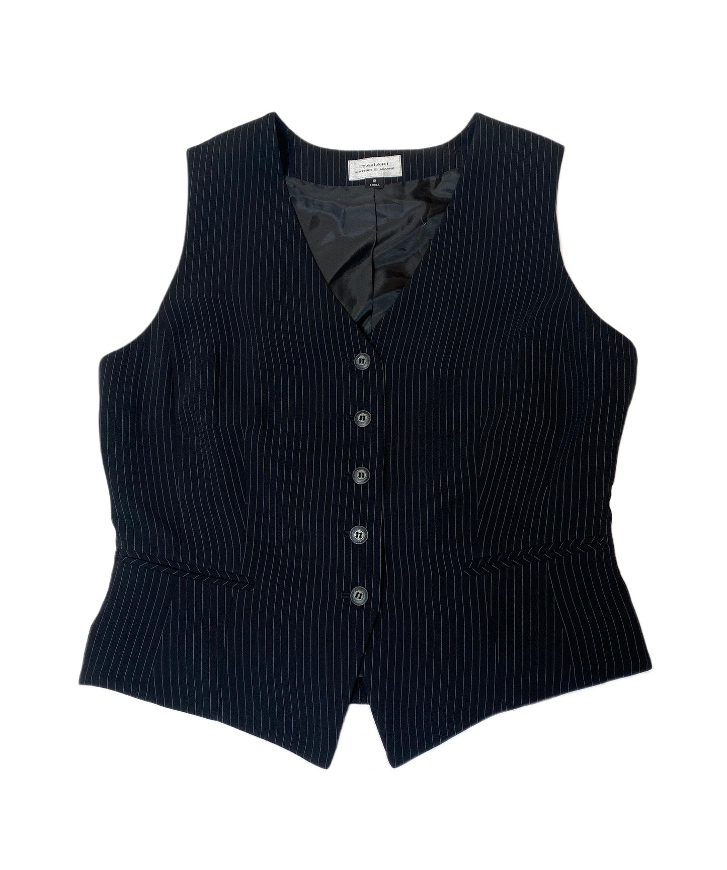 Tahari Author S Levine Vintage Pinstripe VestClassic beautifully tailored black pinstriped vintage vest from Tahari. 
Pair this with wide leg jeans or pants and a bright color top for a trending look.