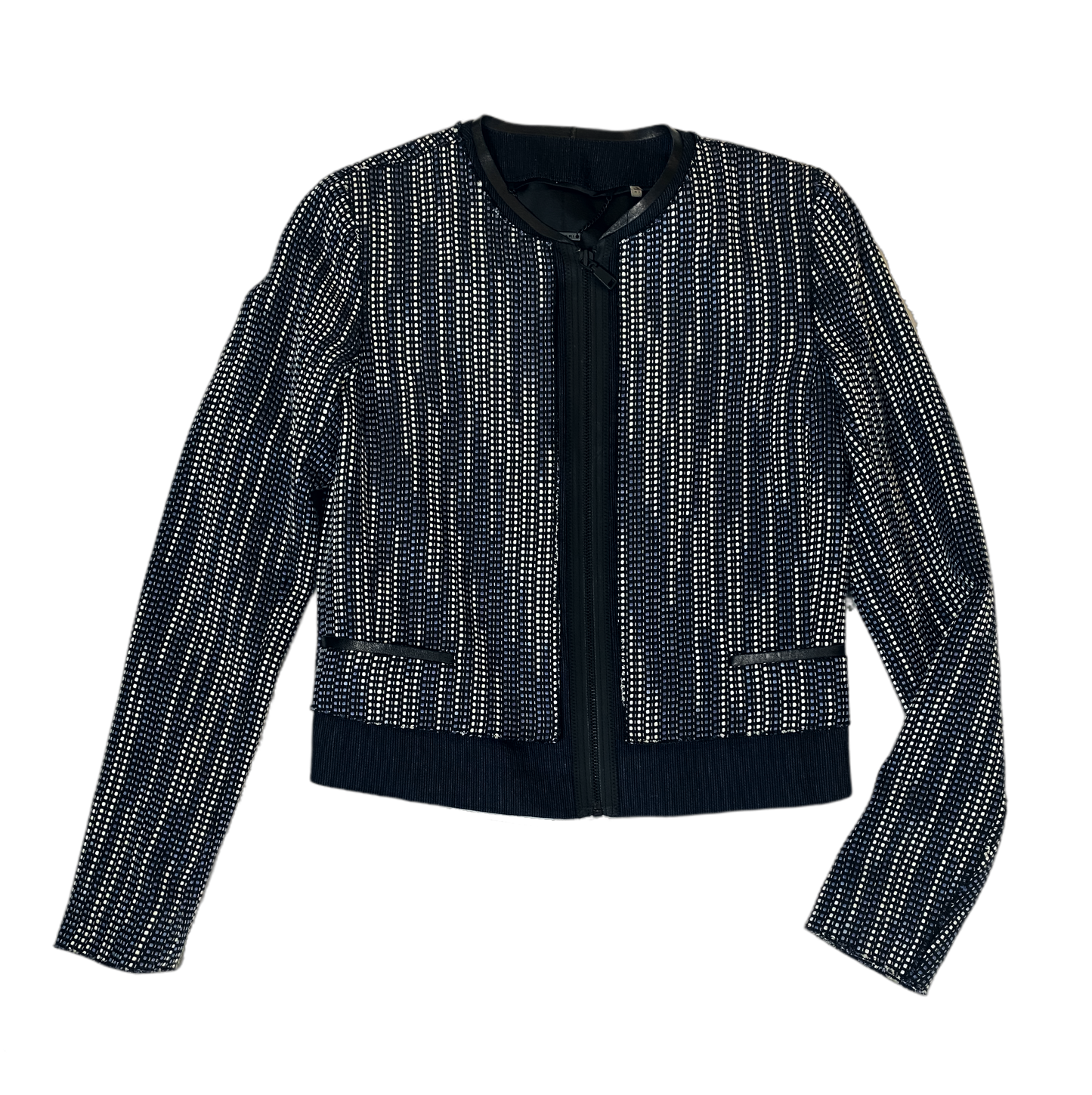 Elie Tahari Patterned Bomber Jacket This is such a unique light weight bomber jacket with leather trim. Wear year round with jeans, jeggings, or with a skirt. Perfect dressed up or down!