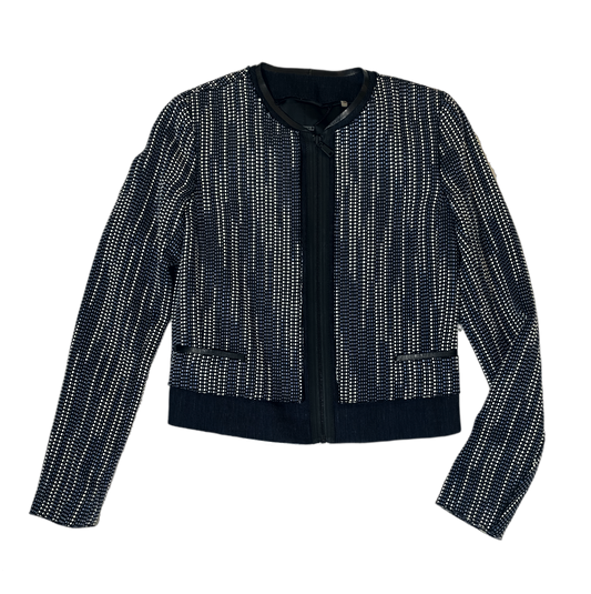 Elie Tahari Patterned Bomber Jacket This is such a unique light weight bomber jacket with leather trim. Wear year round with jeans, jeggings, or with a skirt. Perfect dressed up or down!