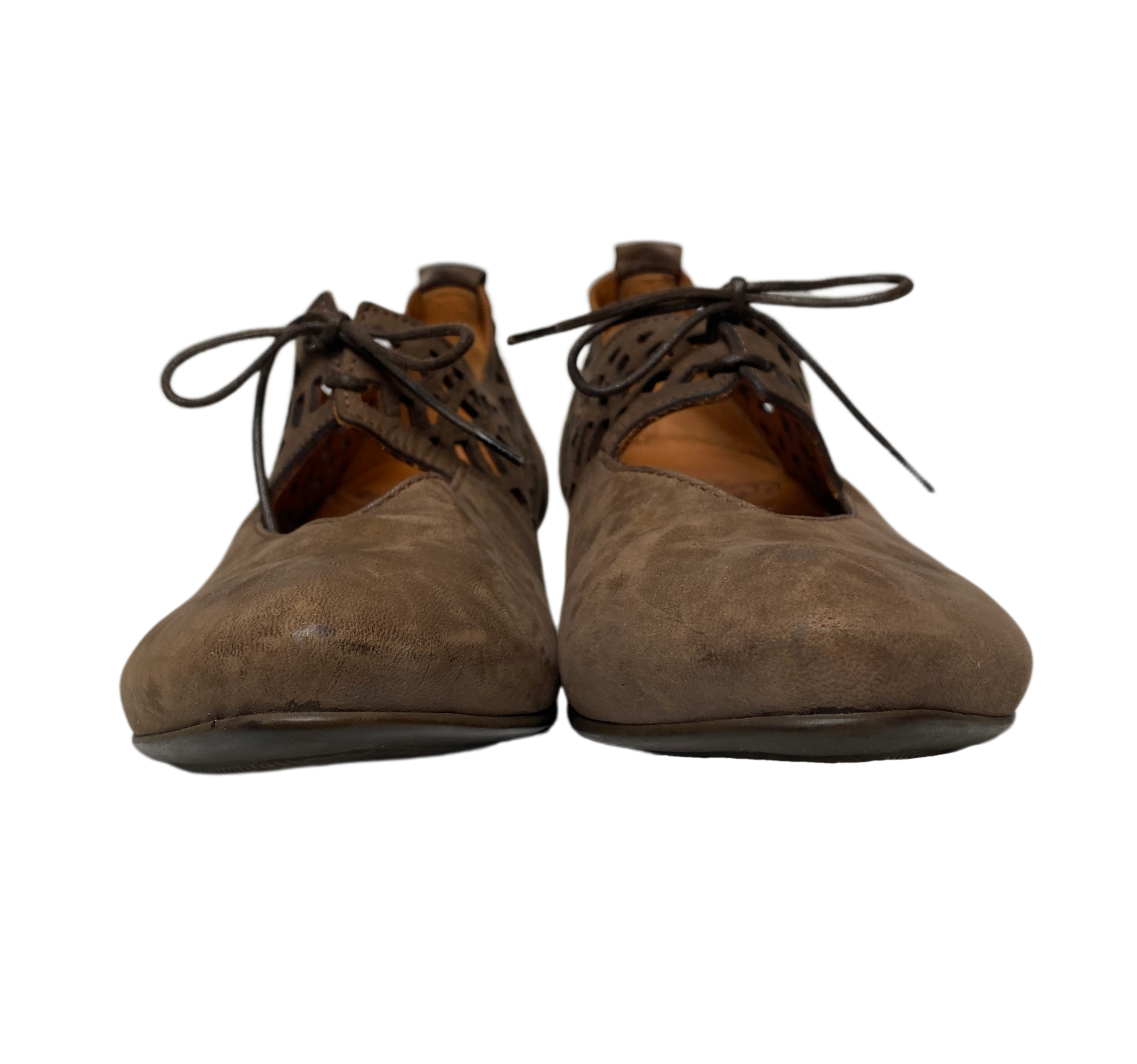 Think! Brown Suede Lace-Up Low Wood Heel ShoesThese Think! brown suede lace-Up shoes feature a stylish wood heel, leather cut-outs, and a classic lace-up design. The low heel provides a secure fit and comfortablLow Wood Heel ShoesShoes