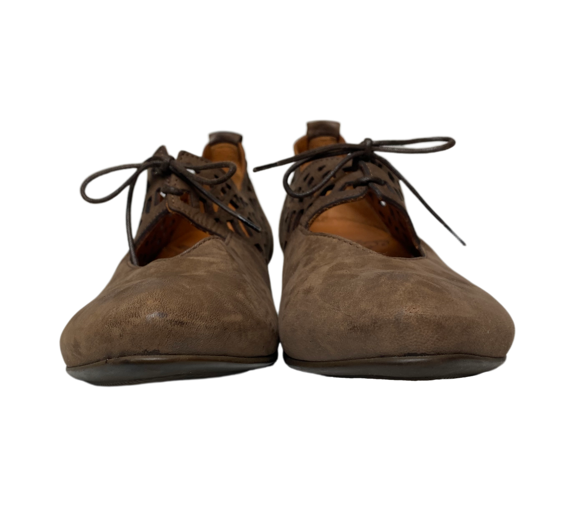 Think! Brown Suede Lace-Up Low Wood Heel ShoesThese Think! brown suede lace-Up shoes feature a stylish wood heel, leather cut-outs, and a classic lace-up design. The low heel provides a secure fit and comfortablLow Wood Heel ShoesShoes