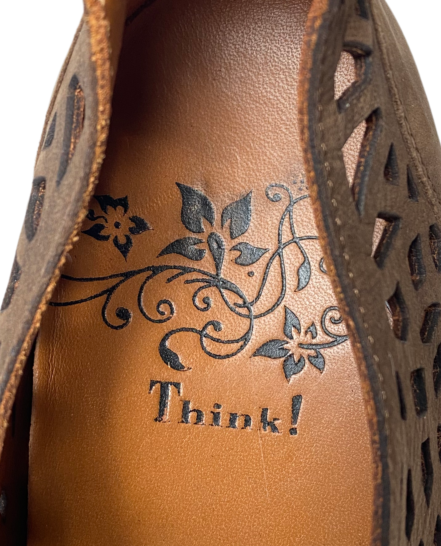 Think! Brown Suede Lace-Up Low Wood Heel ShoesThese Think! brown suede lace-Up shoes feature a stylish wood heel, leather cut-outs, and a classic lace-up design. The low heel provides a secure fit and comfortablLow Wood Heel ShoesShoes