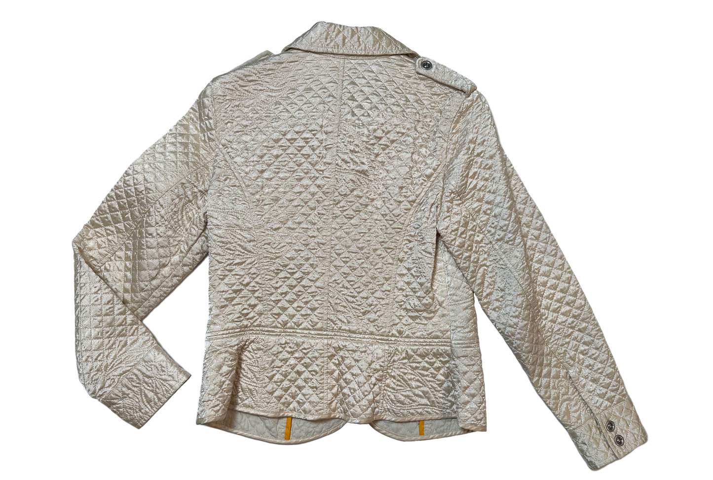 i.e. relaxed Cream Quilted Jacket with Metal Hook ClosuresWhat a beautiful jacket. So much thought went into all the details. From a pattern sewn within the quilting, epaulets, to smooth brushed metal hook closures. This jarelaxed Cream Quilted JacketJacket