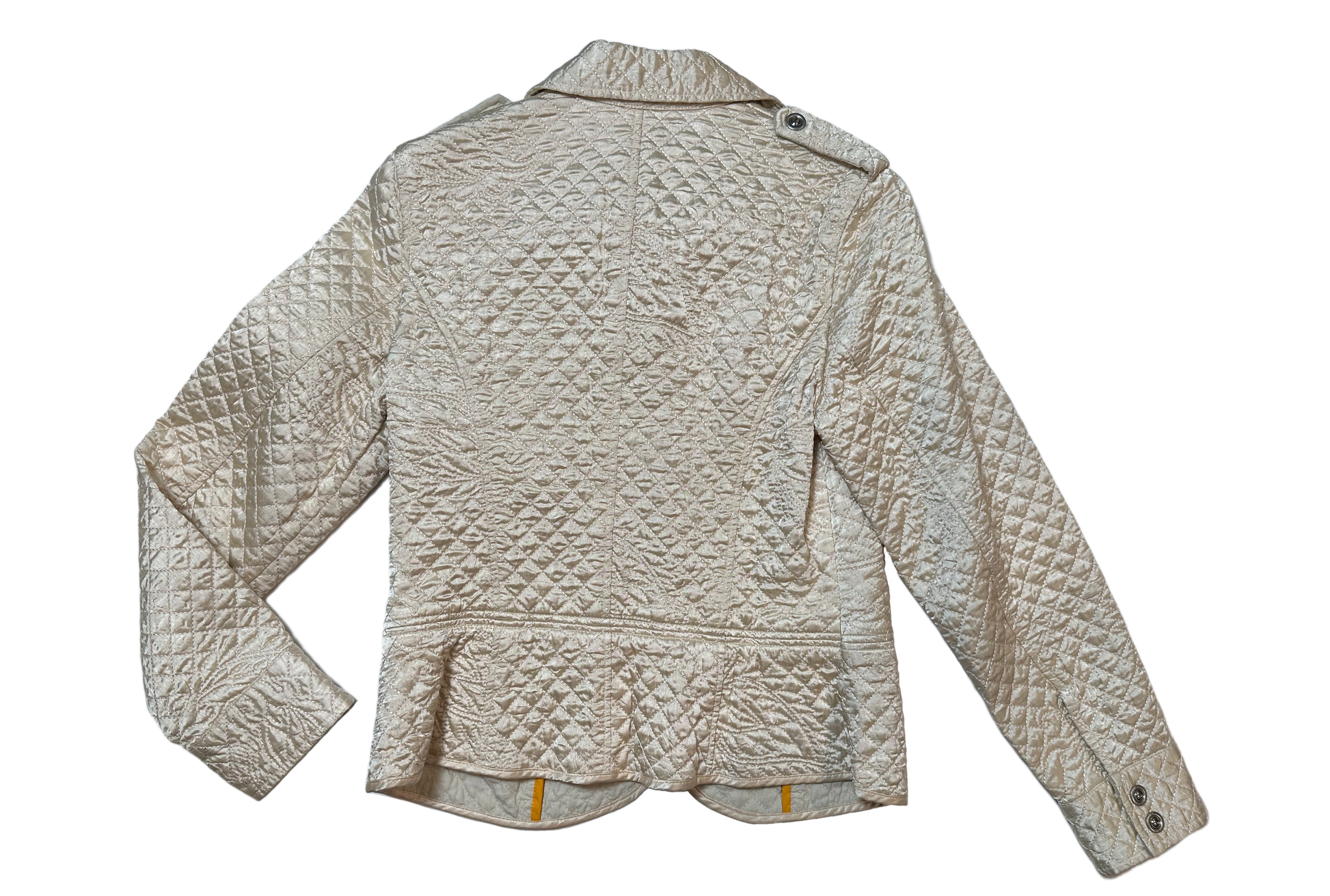 i.e. relaxed Cream Quilted Jacket with Metal Hook ClosuresWhat a beautiful jacket. So much thought went into all the details. From a pattern sewn within the quilting, epaulets, to smooth brushed metal hook closures. This jarelaxed Cream Quilted JacketJacket