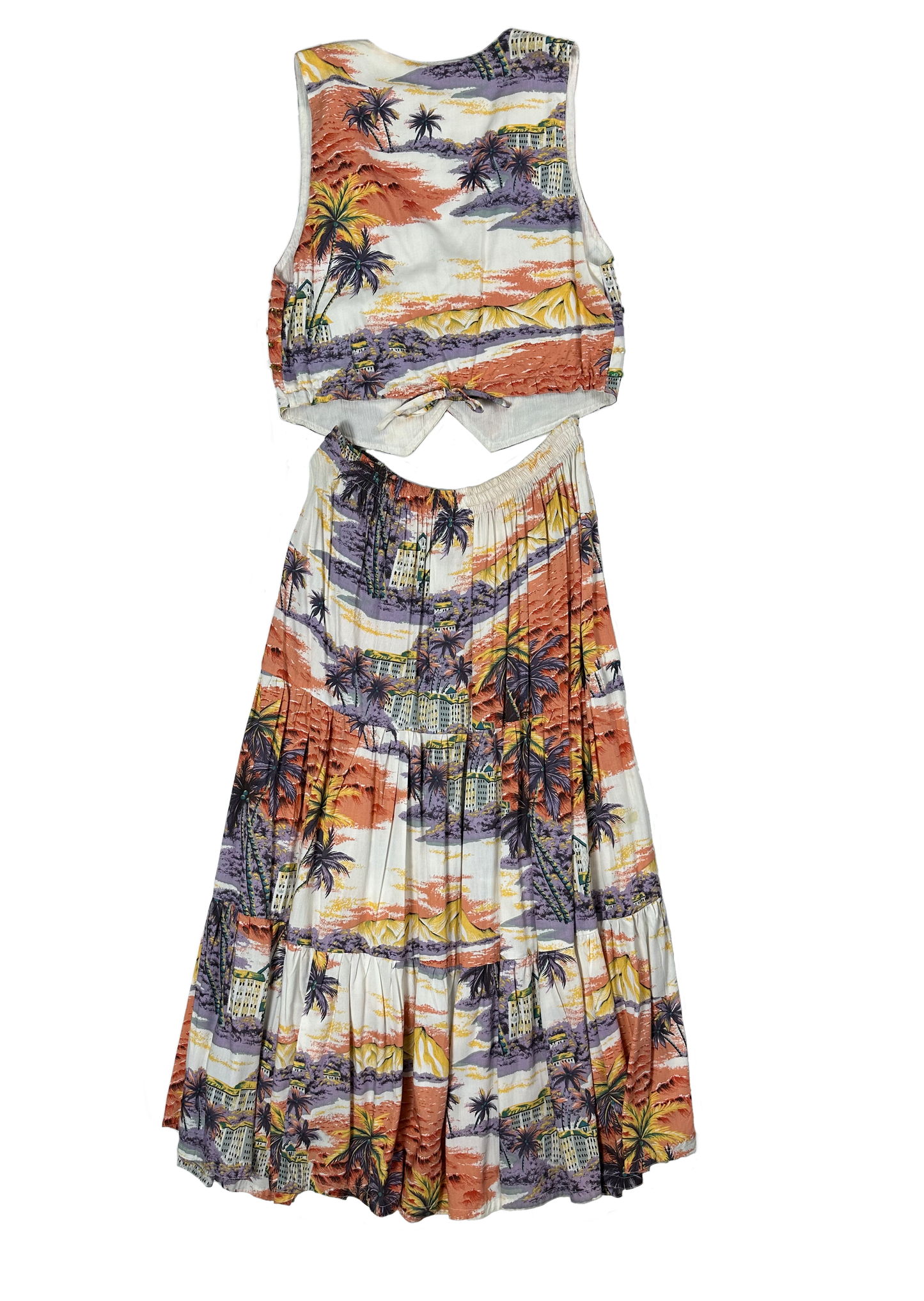 FaithThis Faith long tiered skirt with vest with sequins is the perfect ensemble for any summer day. The set features a tropical print skirt and an adjustable vest with sSkirt setFaith Long Tiered Skirt with Vest with SequinsFaith Long Tiered Skirt