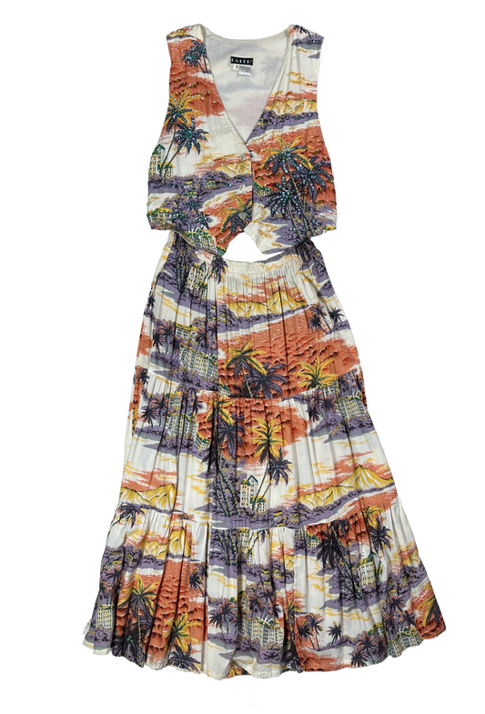 FaithThis Faith long tiered skirt with vest with sequins is the perfect ensemble for any summer day. The set features a tropical print skirt and an adjustable vest with sSkirt setFaith Long Tiered Skirt with Vest with SequinsFaith Long Tiered Skirt