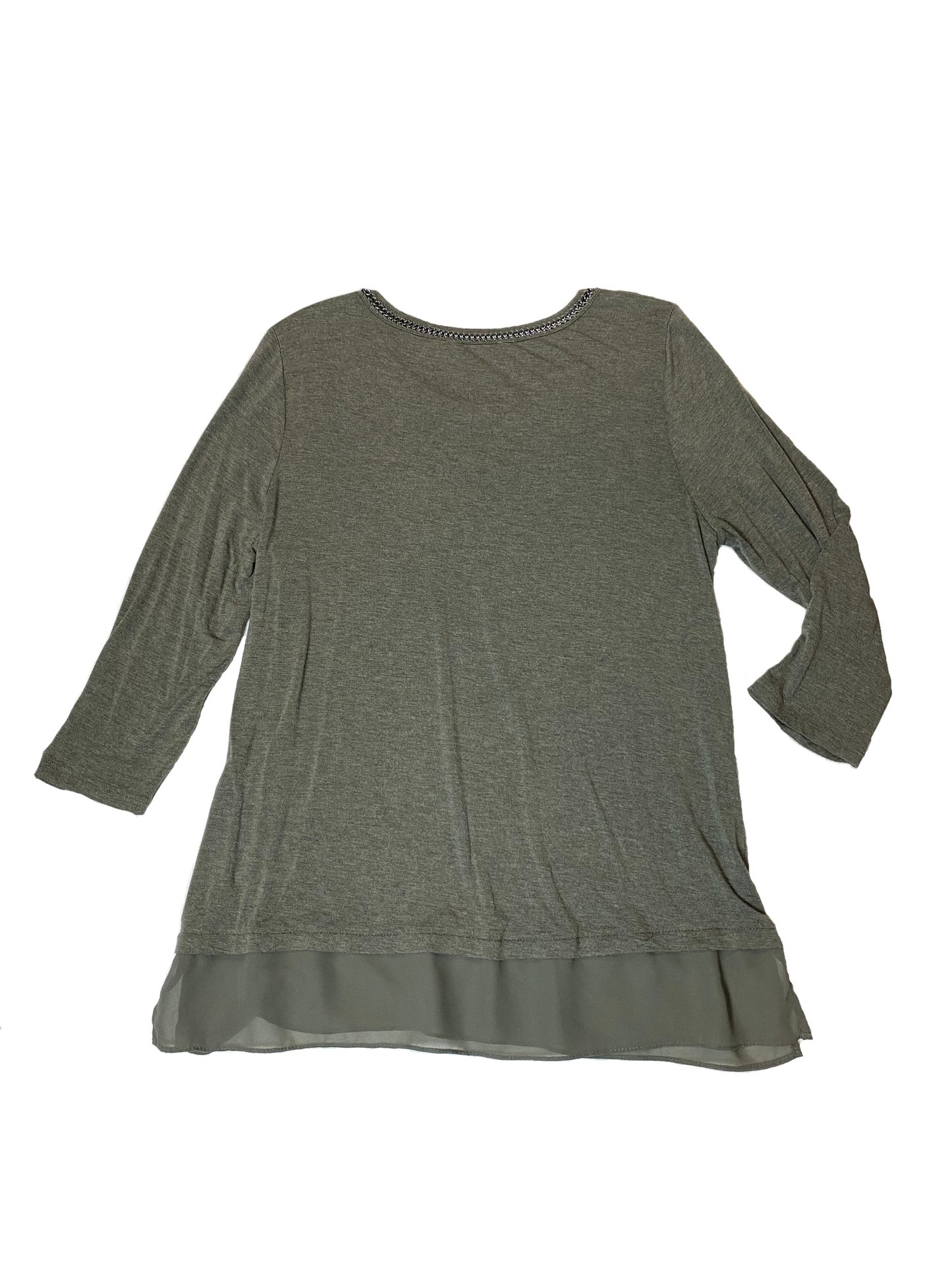 Rose + Olive Three Quarter Sleeve Top with Chain Detail at Neckline Olive green top with a delicate sheer trim at bottom of hem and grey chain at the neckline. Delic