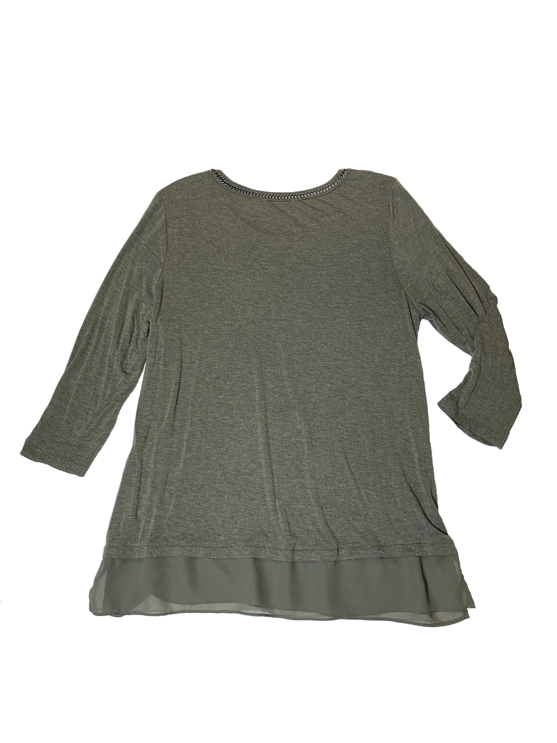Rose + Olive Three Quarter Sleeve Top with Chain Detail at Neckline Olive green top with a delicate sheer trim at bottom of hem and grey chain at the neckline. Delic