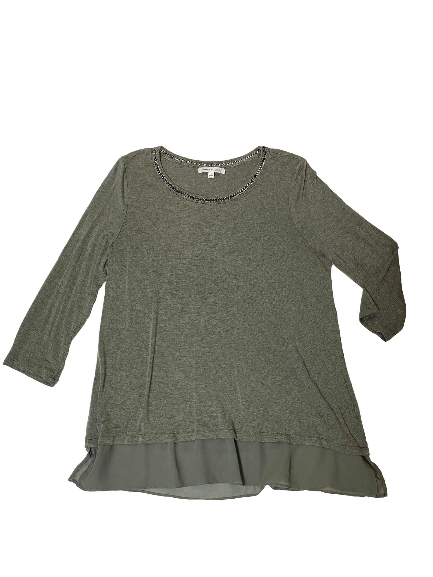 Rose + Olive Three Quarter Sleeve Top with Chain Detail at Neckline Olive green top with a delicate sheer trim at bottom of hem and grey chain at the neckline. Delic