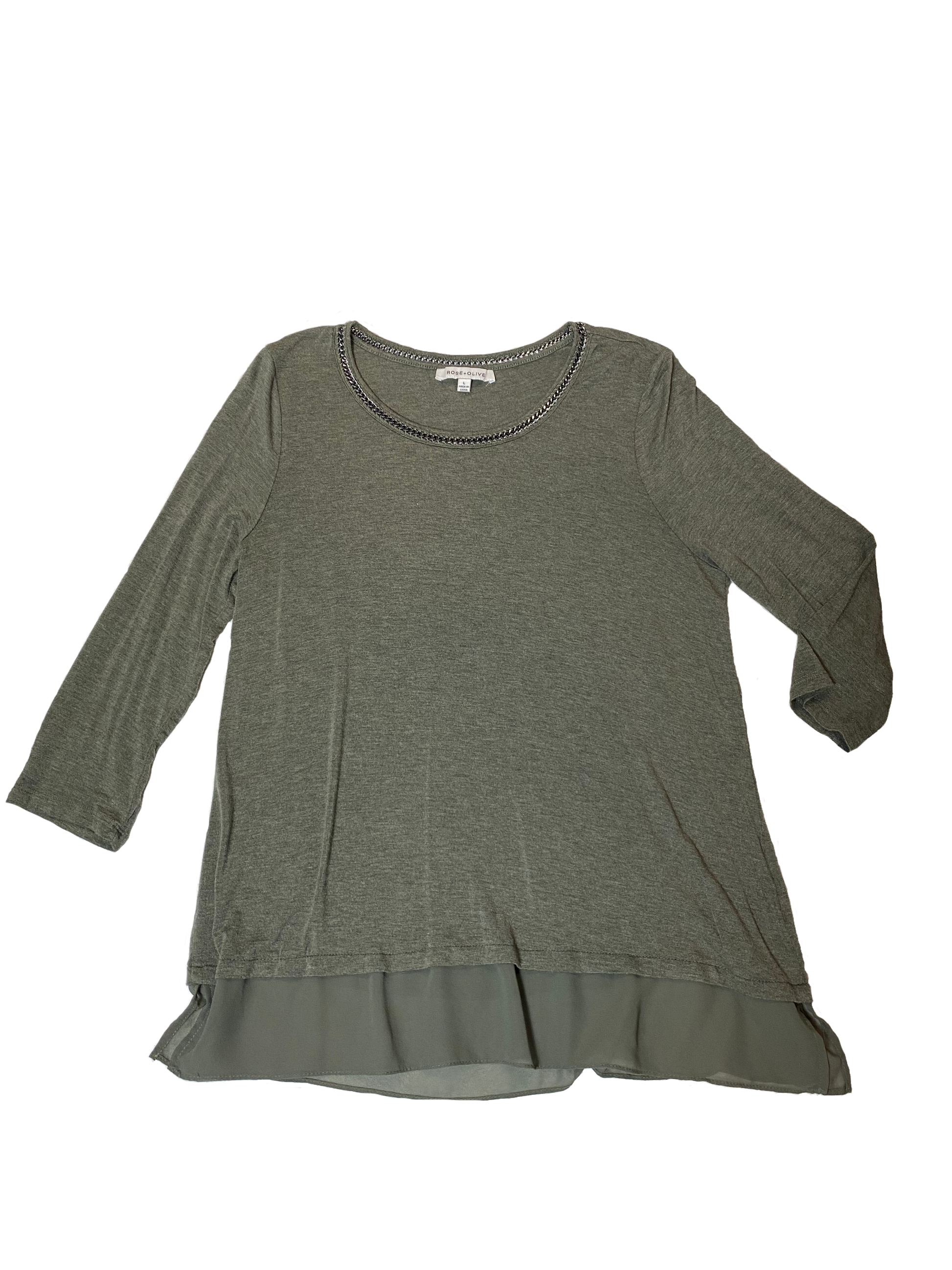 Rose + Olive Three Quarter Sleeve Top with Chain Detail at Neckline Olive green top with a delicate sheer trim at bottom of hem and grey chain at the neckline. Delic