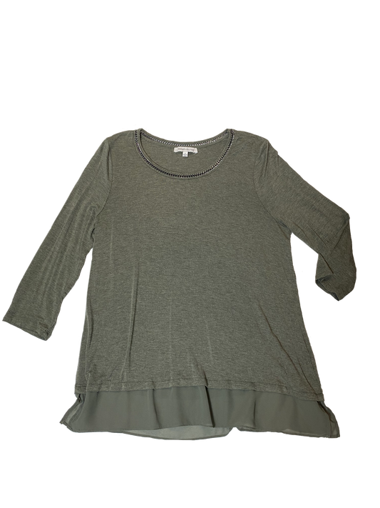 Rose + Olive Three Quarter Sleeve Top with Chain Detail at Neckline Olive green top with a delicate sheer trim at bottom of hem and grey chain at the neckline. Delic