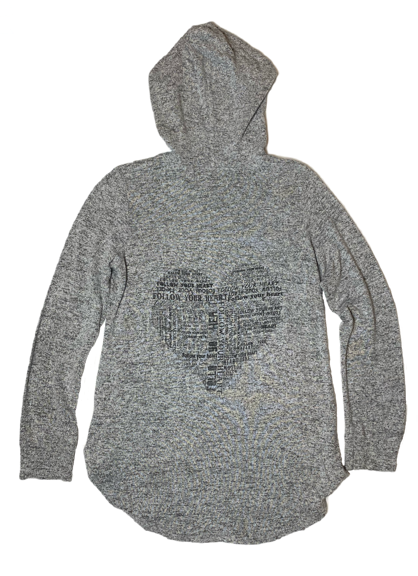 Bird & Vine Heathered Grey Zip Hoodie Light weight zip front hoodie with "Follow Your Heart" graphic on back.
Great add to your wardrobe for those chilly, but not too cold, late Summer evenings or early