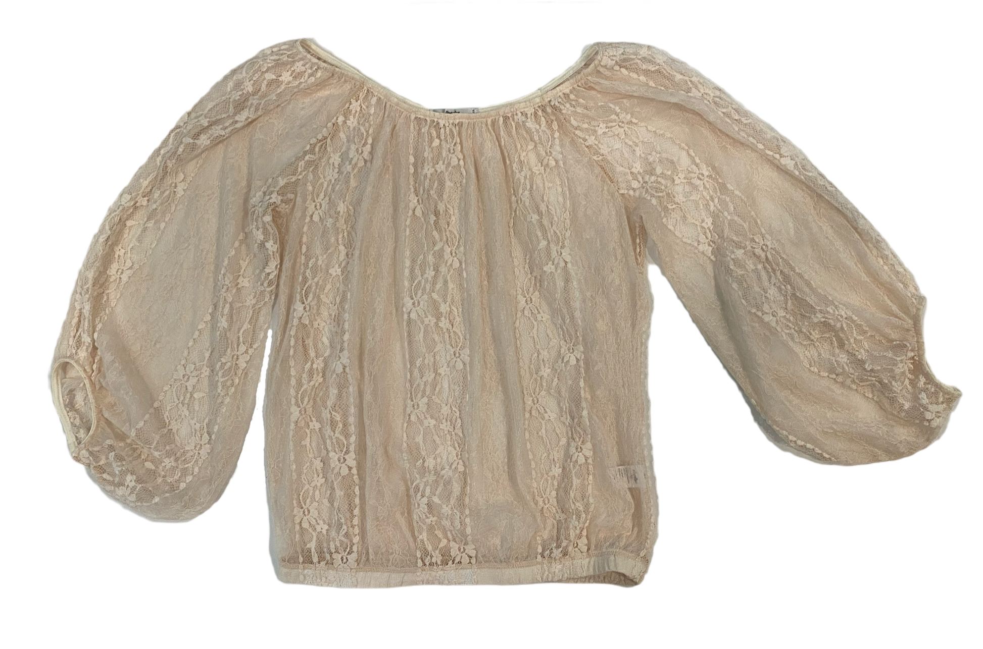 Papaya Sheer Cream Lace TopSoft sheer cream lace top with full 3/4 sleeves and elastic at the cuffs, neckline and waist. 
Change up your jeans with this lace top. Add a long necklace, chunky a