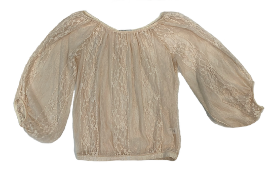 Papaya Sheer Cream Lace TopSoft sheer cream lace top with full 3/4 sleeves and elastic at the cuffs, neckline and waist. 
Change up your jeans with this lace top. Add a long necklace, chunky a