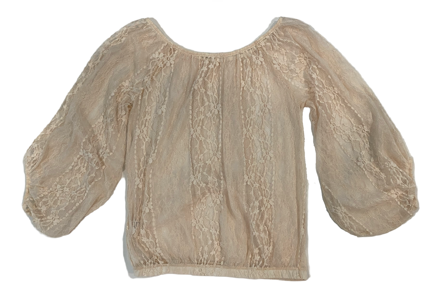 Papaya Sheer Cream Lace TopSoft sheer cream lace top with full 3/4 sleeves and elastic at the cuffs, neckline and waist. 
Change up your jeans with this lace top. Add a long necklace, chunky a