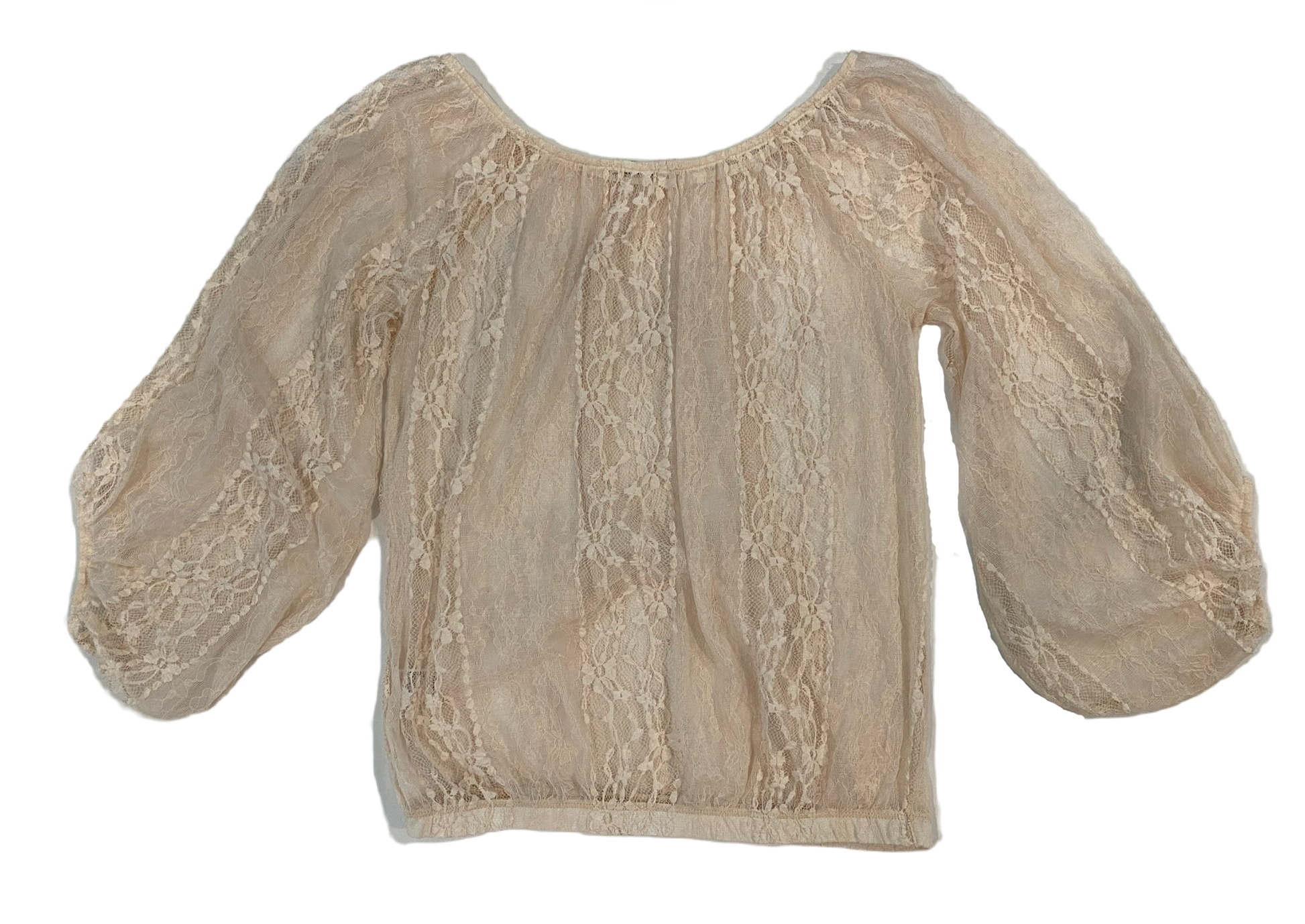 Papaya Sheer Cream Lace TopSoft sheer cream lace top with full 3/4 sleeves and elastic at the cuffs, neckline and waist. 
Change up your jeans with this lace top. Add a long necklace, chunky a
