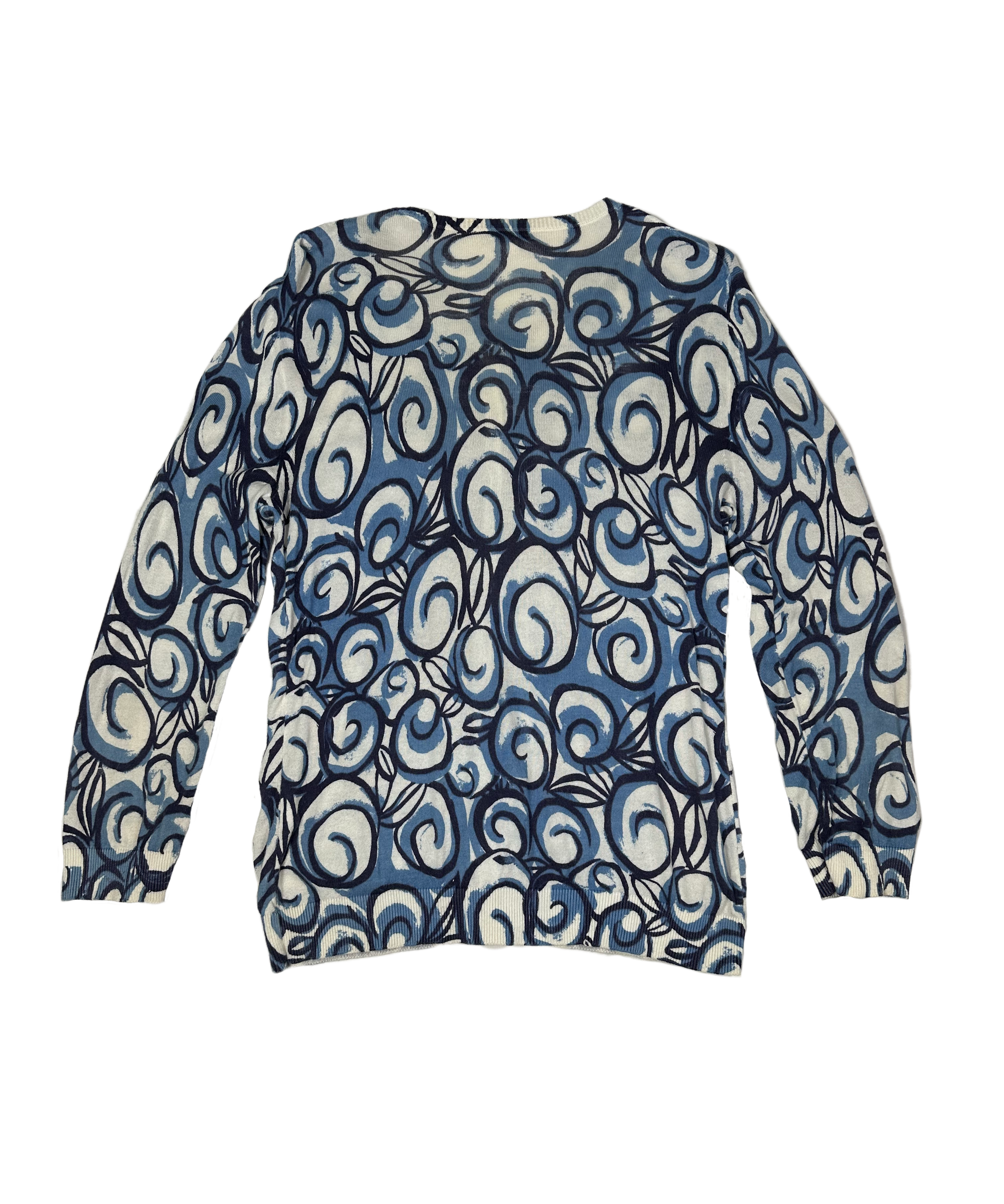 J Crew Blue Swirl Print Light Weight CardiganThis J Crew white with blue & black swirl print cardigan is crafted with 100% cotton, making it lightweight and comfortable. Featuring a classic 3/4 sleeve lengtCrew Blue Swirl Print Light Weight CardiganSweater