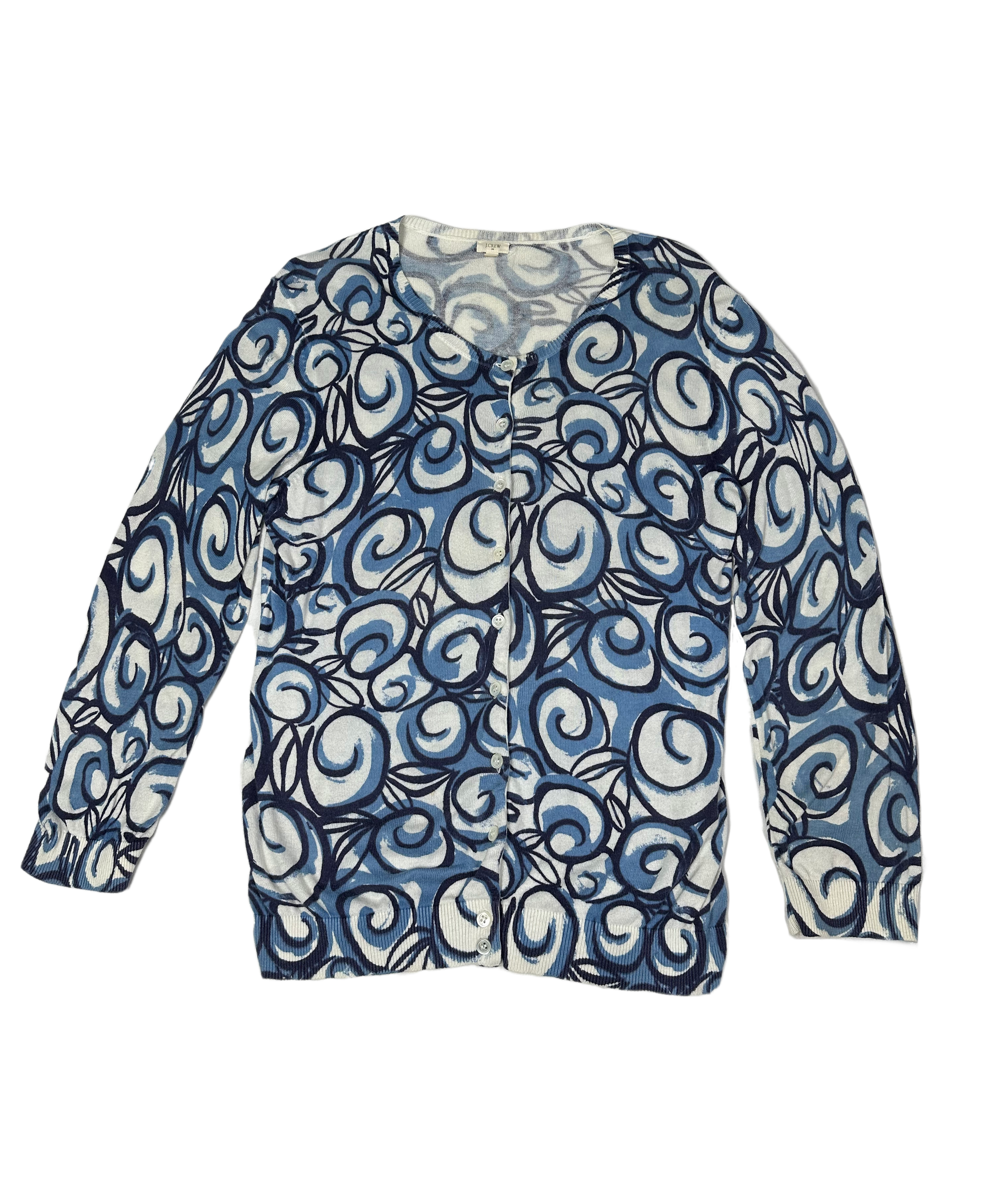 J Crew Blue Swirl Print Light Weight CardiganThis J Crew white with blue & black swirl print cardigan is crafted with 100% cotton, making it lightweight and comfortable. Featuring a classic 3/4 sleeve lengtCrew Blue Swirl Print Light Weight CardiganSweater