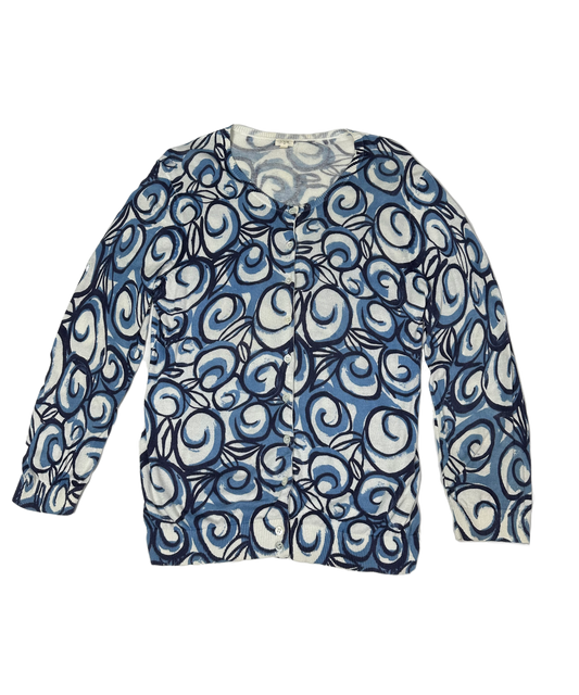 J Crew Blue Swirl Print Light Weight CardiganThis J Crew white with blue & black swirl print cardigan is crafted with 100% cotton, making it lightweight and comfortable. Featuring a classic 3/4 sleeve lengtCrew Blue Swirl Print Light Weight CardiganSweater