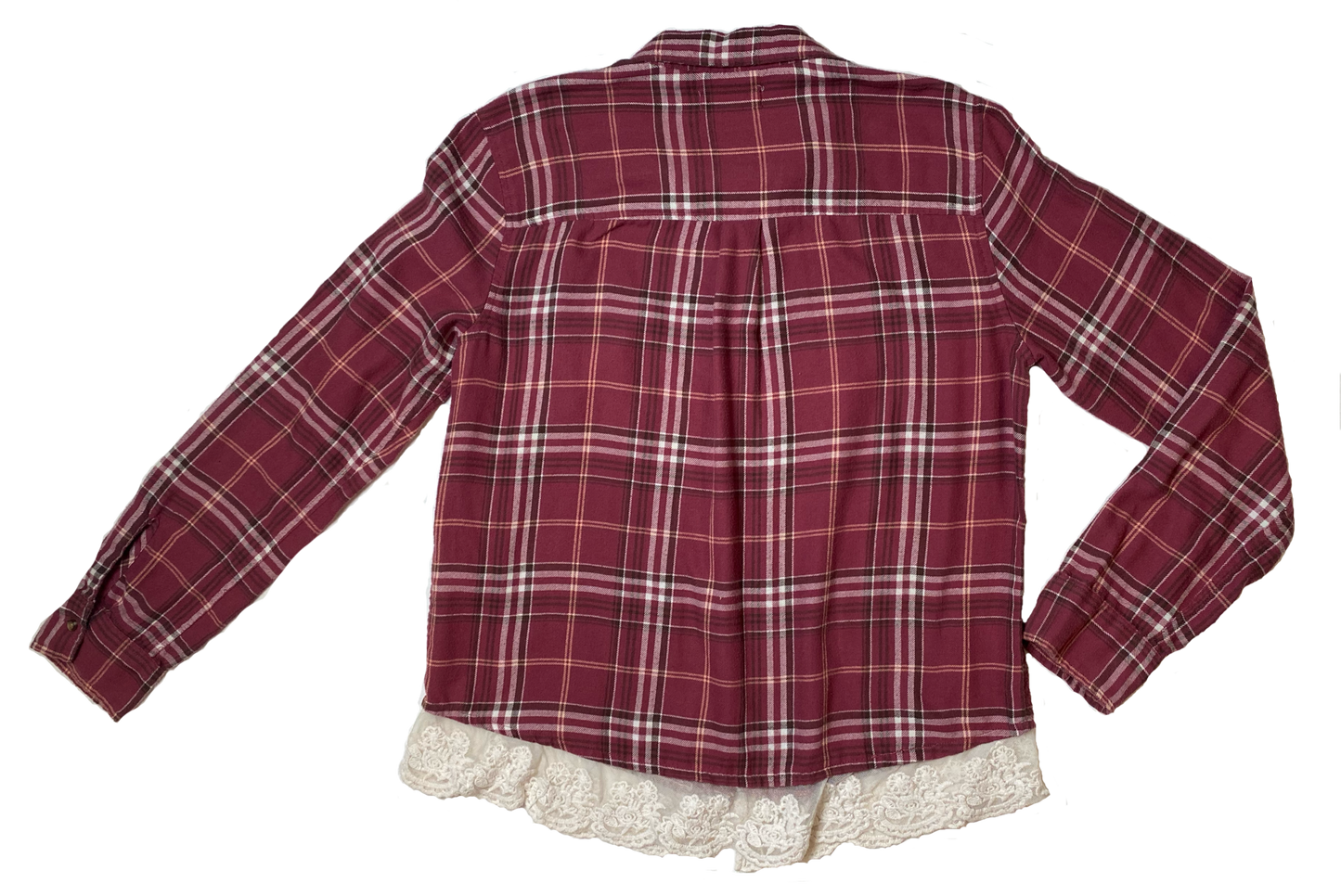 Hollister Red Flannel Shirt with Lace Trim Just a little touch of lace to jujj up this soft red flannel.