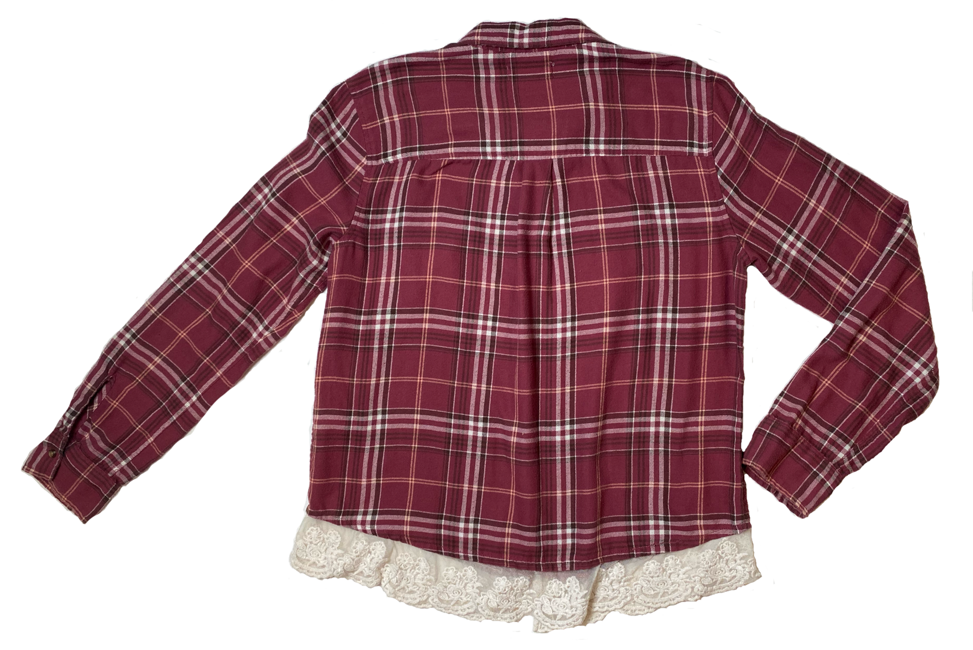 Hollister Red Flannel Shirt with Lace Trim Just a little touch of lace to jujj up this soft red flannel.