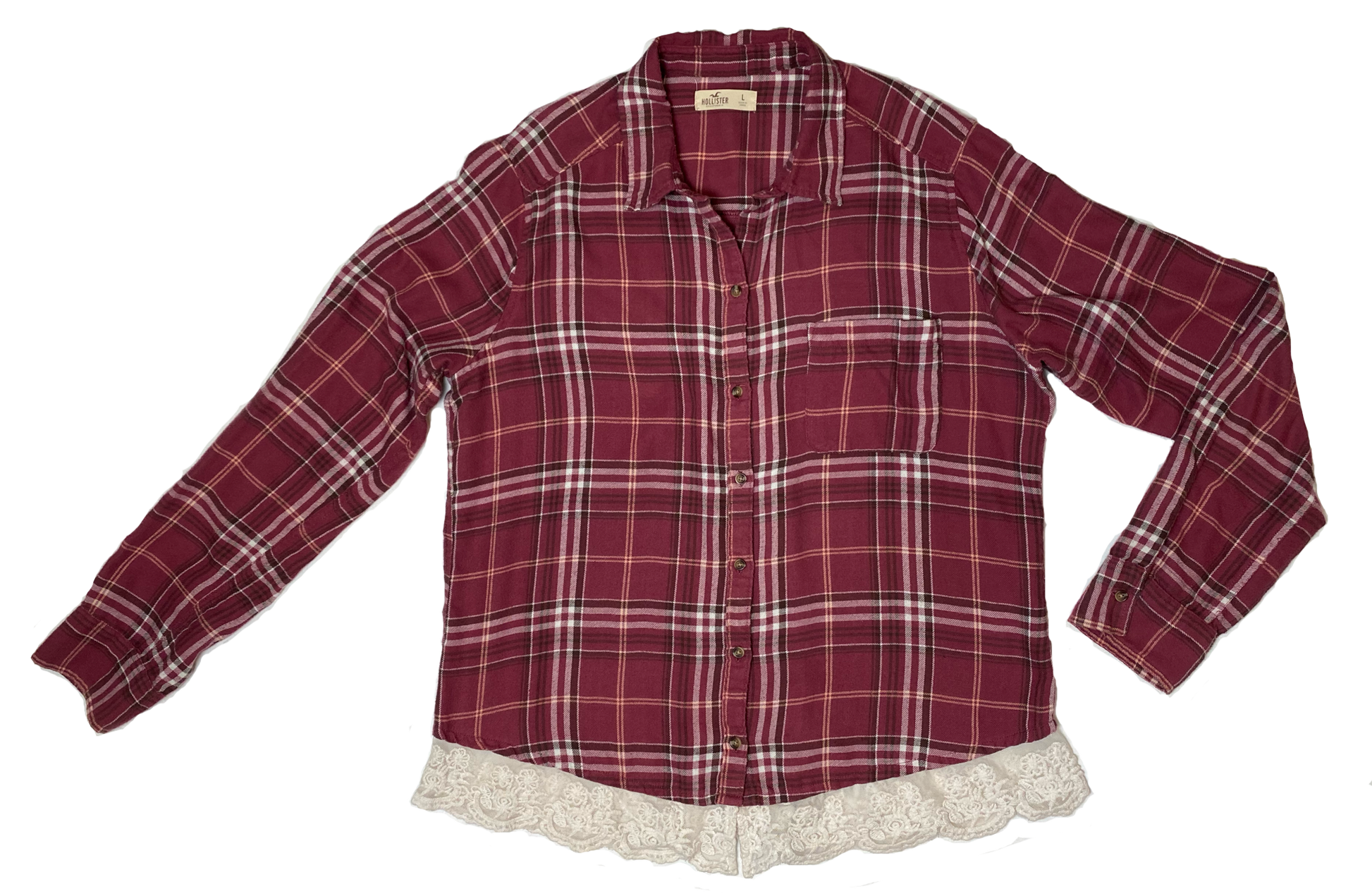 Hollister Red Flannel Shirt with Lace Trim Just a little touch of lace to jujj up this soft red flannel.