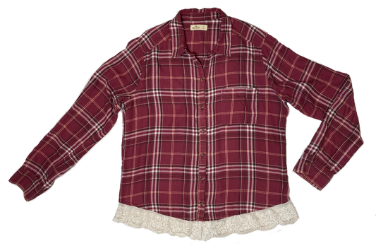 Hollister Red Flannel Shirt with Lace Trim Just a little touch of lace to jujj up this soft red flannel.