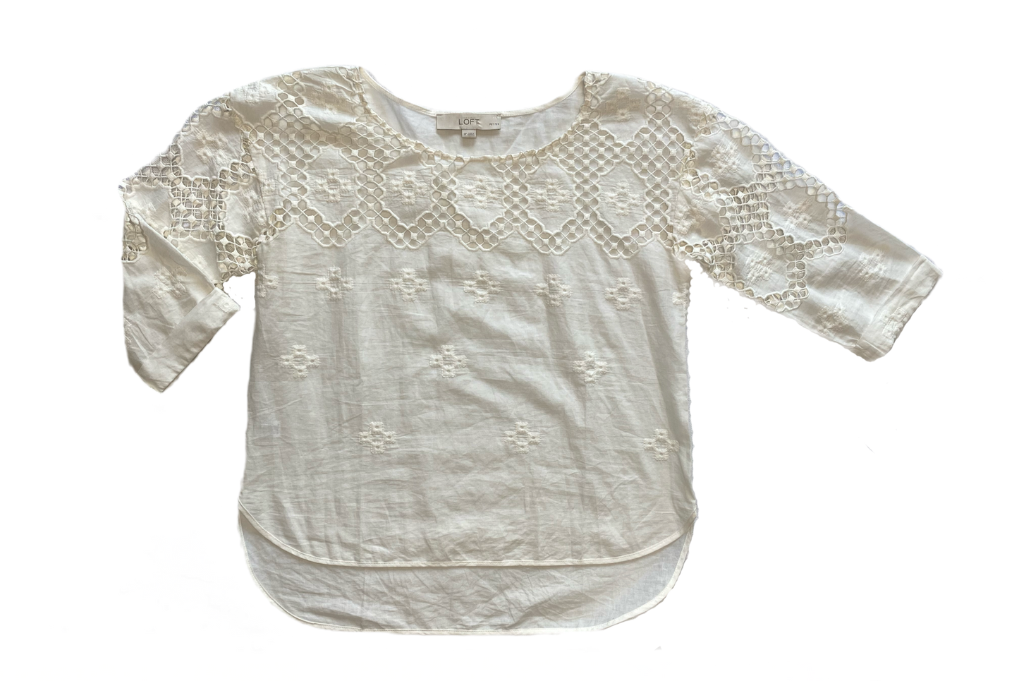 Loft Off White Top with Crochet Details  Elevate your style with this playful LOFT top. Featuring charming crochet details, 3/4 length sleeves, and a trendy shirttail he