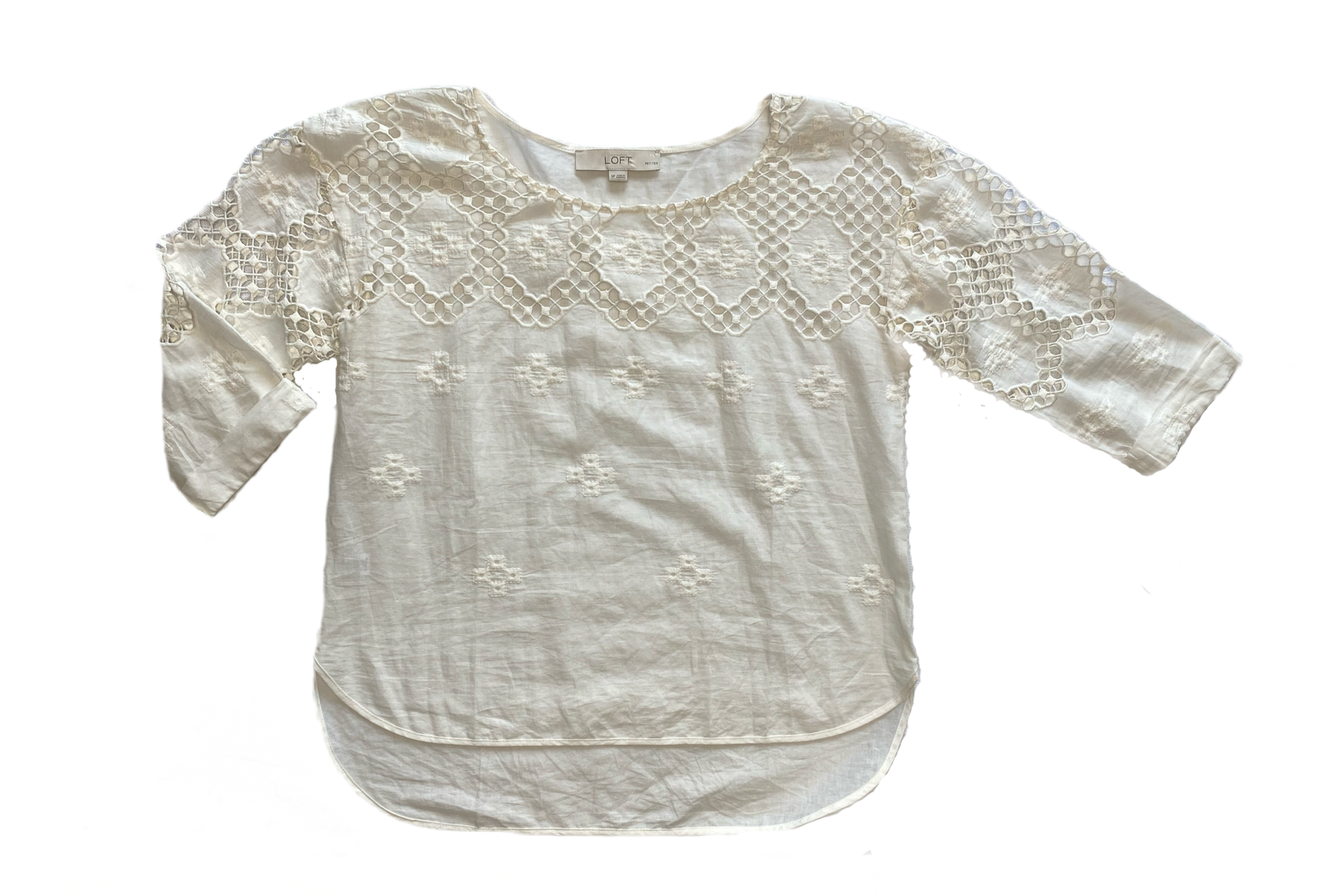 Loft Off White Top with Crochet Details  Elevate your style with this playful LOFT top. Featuring charming crochet details, 3/4 length sleeves, and a trendy shirttail he