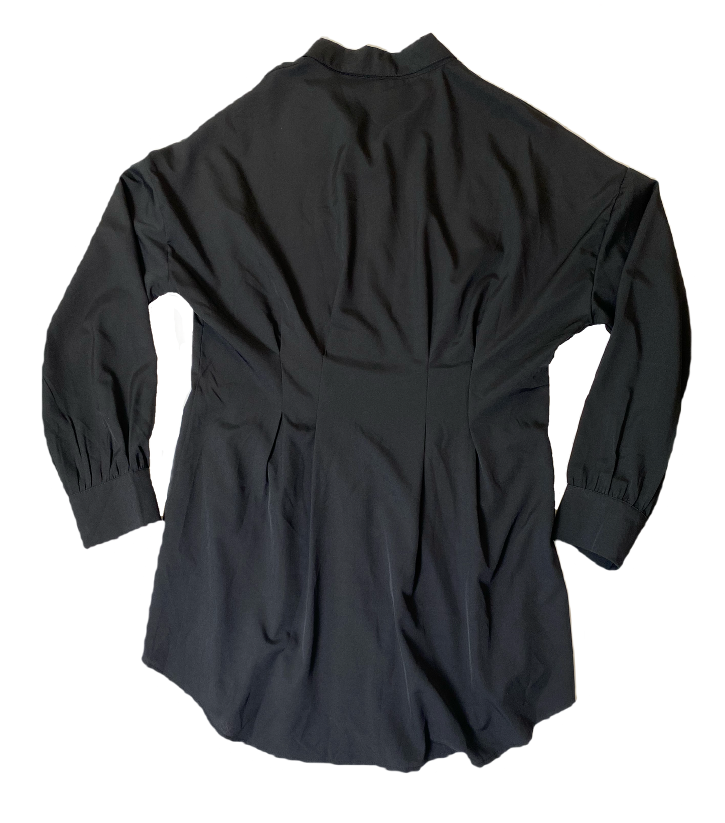 Long Black Button Front ShirtLong black light weight button front shirt with long sleeves and darts at waist.
This is such a great piece! You can wear it as a long shirt with jeggings and boots