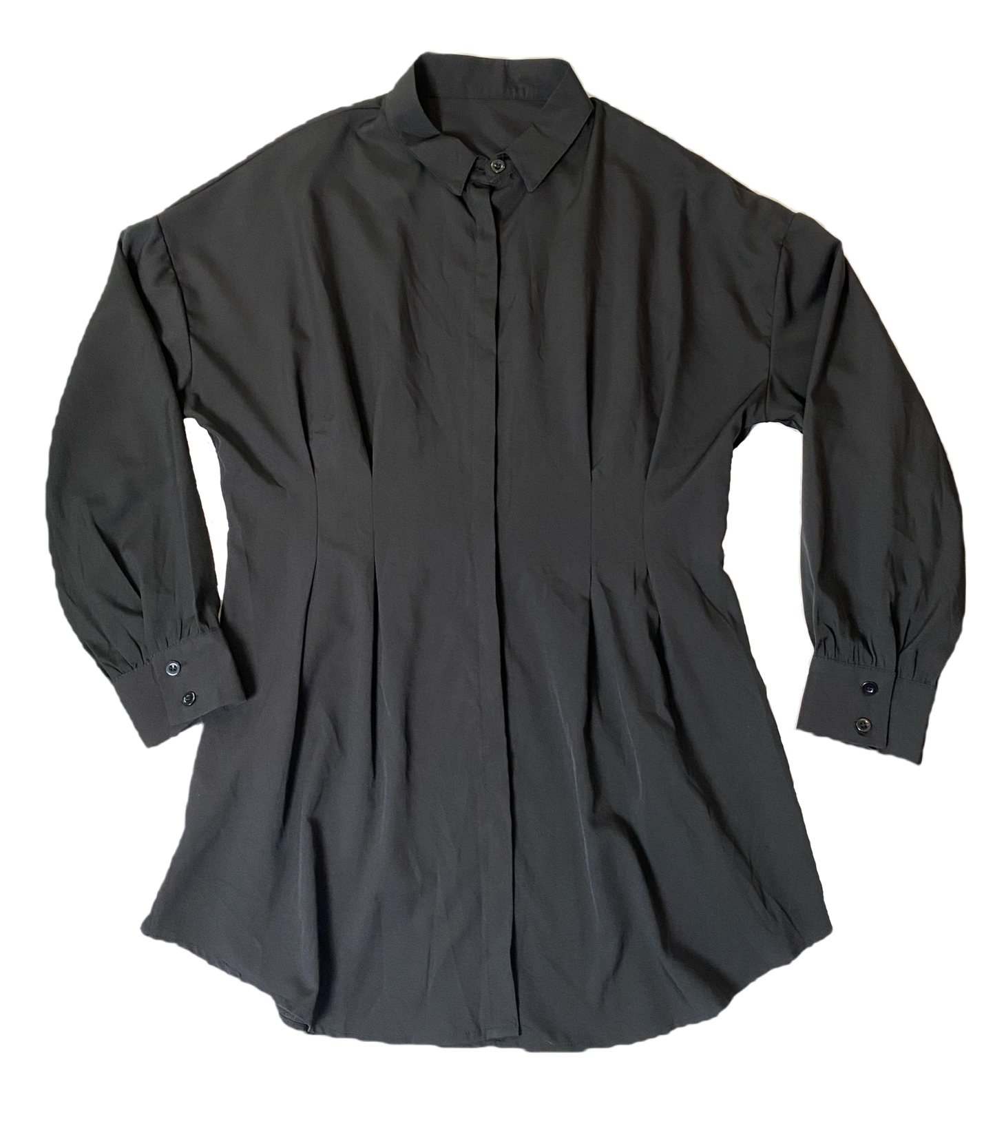 Long Black Button Front ShirtLong black light weight button front shirt with long sleeves and darts at waist.
This is such a great piece! You can wear it as a long shirt with jeggings and boots