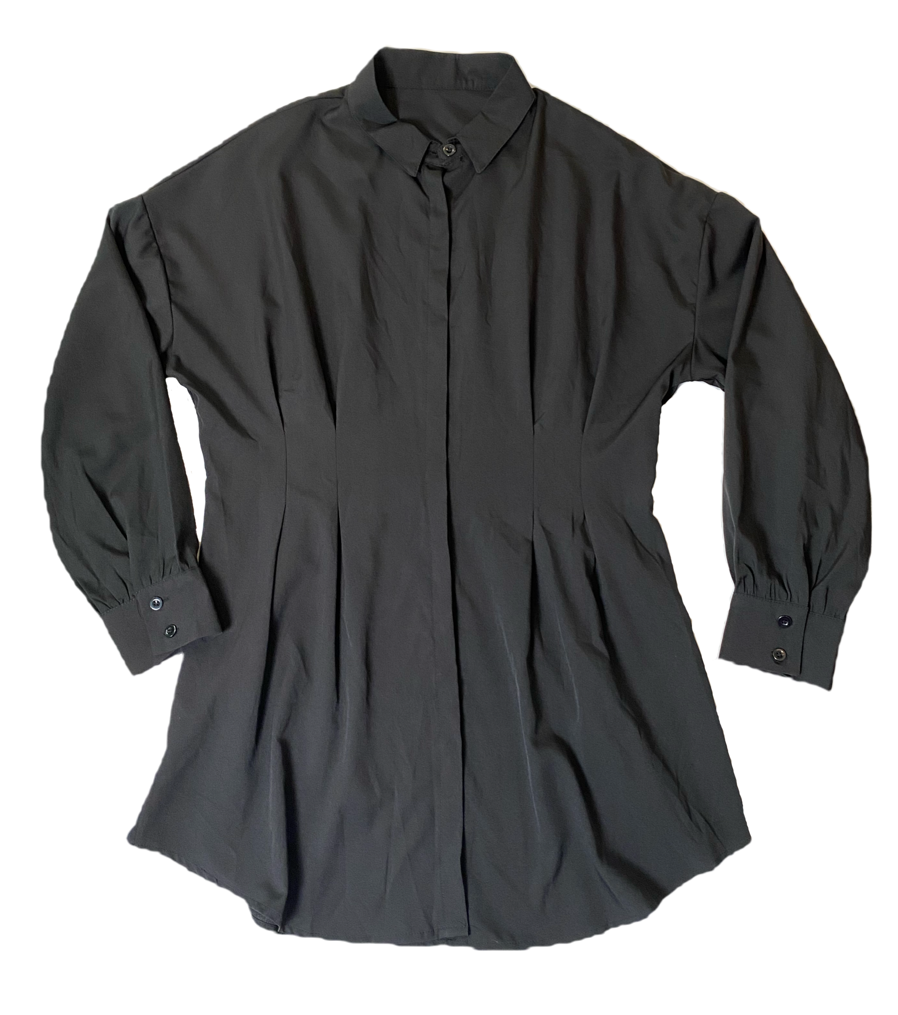 Long Black Button Front ShirtLong black light weight button front shirt with long sleeves and darts at waist.
This is such a great piece! You can wear it as a long shirt with jeggings and boots