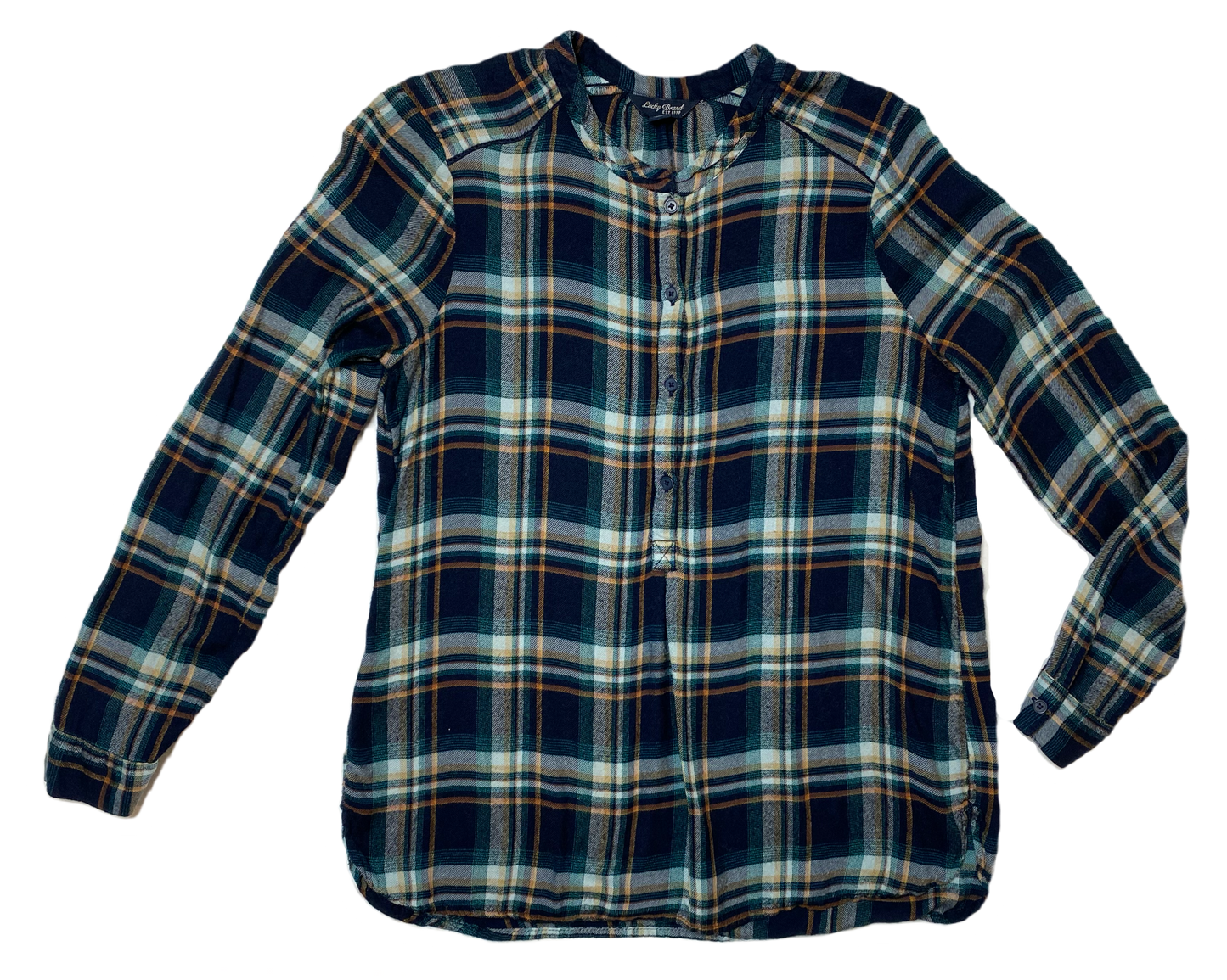 Lucky Brand Henley Style Teal Plaid Flannel Size Small  Get ready to be the luckiest cat around in this Lucky Brand Teal Plaid Flannel! With a playful Henley style a