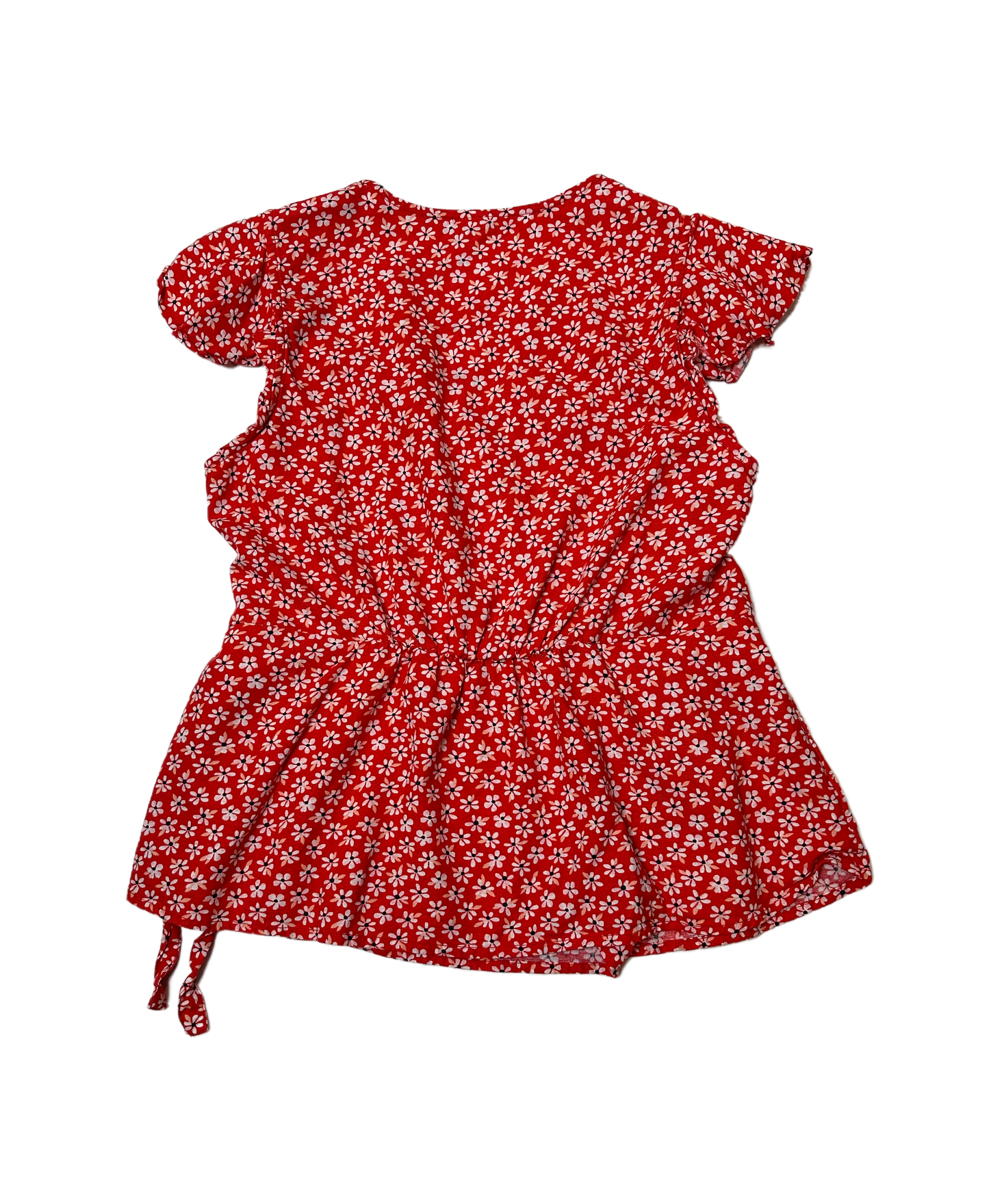 Old Navy Red Floral Print Wrap Shirt with Flutter SleevesThis cute flutter sleeve wrap top is a great way to add a pop of color and interest to a basic pair of jeans or a wide leg pant. Add a strappy sandal and you are reaNavy Red Floral Print Wrap ShirtShirt